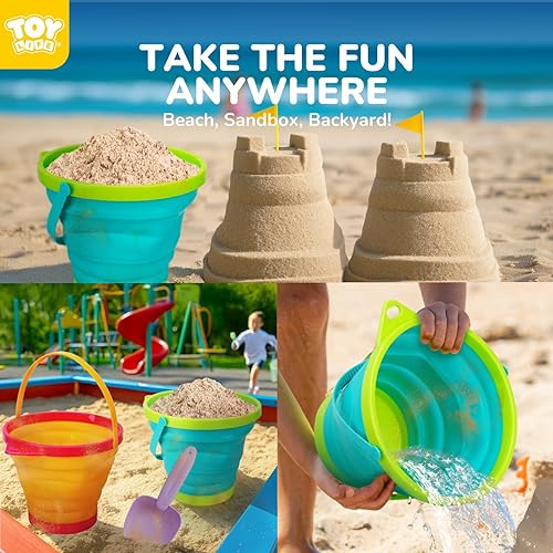 Vista 2 de TOY Life Juego de 9 cubos de arena con 3 cubos de playa plegables, 3 palas y 3 rastrillos, juguetes de playa para niños pequeños de 4 a 8 años