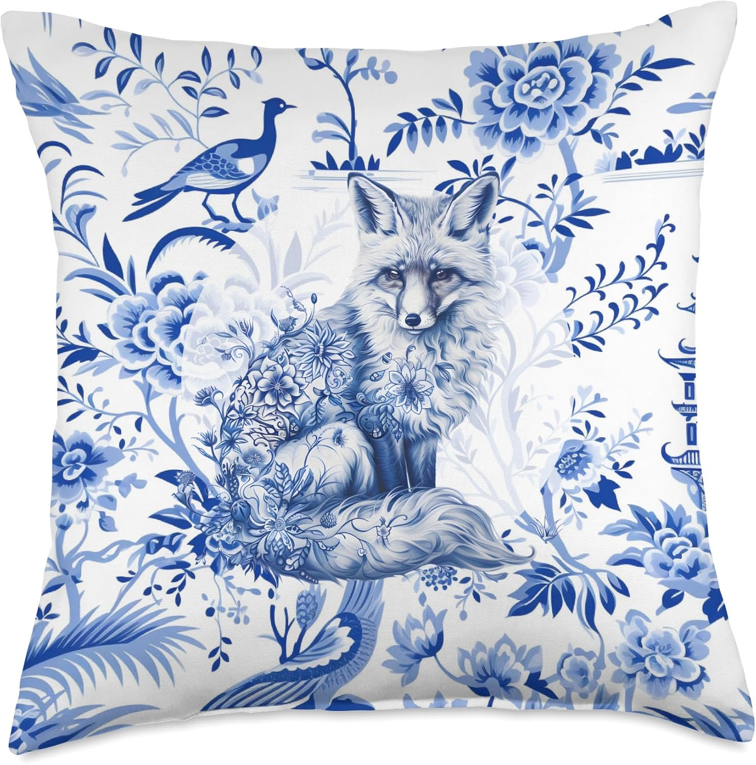 Blue & White Fox Chinoiserie French Toile Pattern Throw Pillow