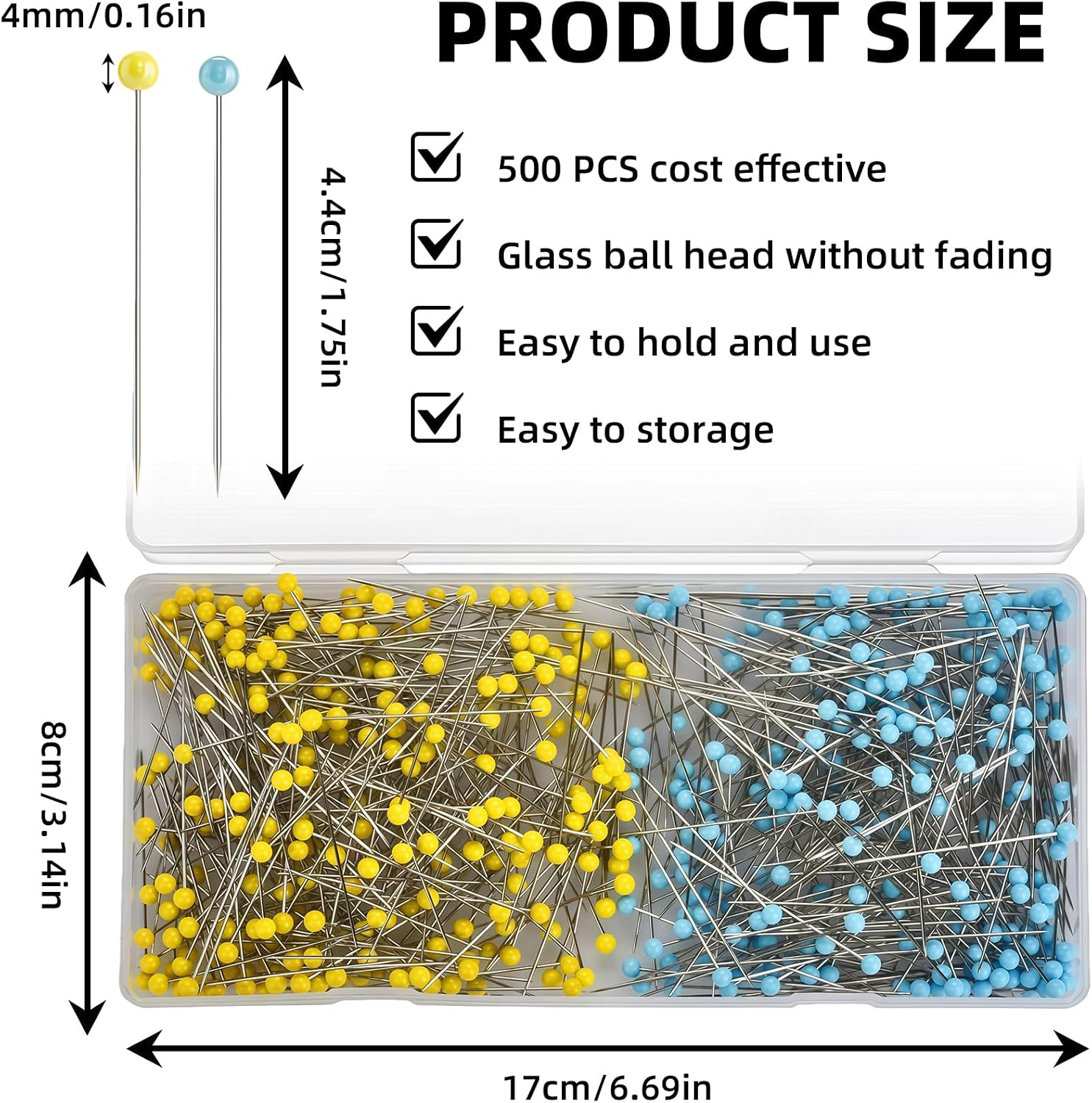 Straight Sewing Pins - 500 PCS Long Glass Ball Head Straight Pins 1.75IN Corsage Pin Quilting Pin for Fabric, Sewing, Crafts, Jewelry Making, Bouquets Decoration DIY Supplies