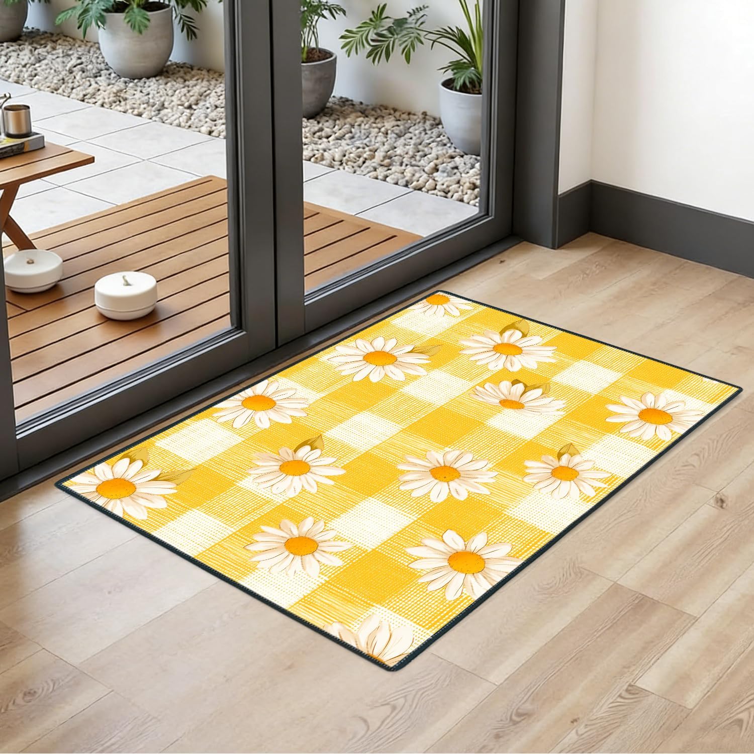 2x3FT Area Rug Spring Yellow Daisy Gingham Indoor Entryway Rug, Washable Non Slip Front Door Rugs for Kitchen Entry Hallway