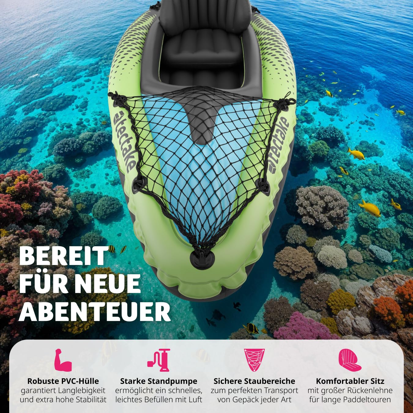 tectake® Kajak Boot aufblasbar, aufblasbares Kanu Paddelboot für 1 Person mit Doppelpaddel und Zubehör Sitz, Pumpe, Transporttasche, für Wassersport, Freizeit, als Angelboot, Ruderboot