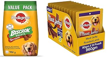 Pedigree Adult Biscrok Biscuits Dog Treat (Above 4 Months) Lamb Flavour, 900g Pack & Adult Dog Treat Sticks Meat Jerky Stix, Roasted Lamb, 12 Packs (12 x 80g)
