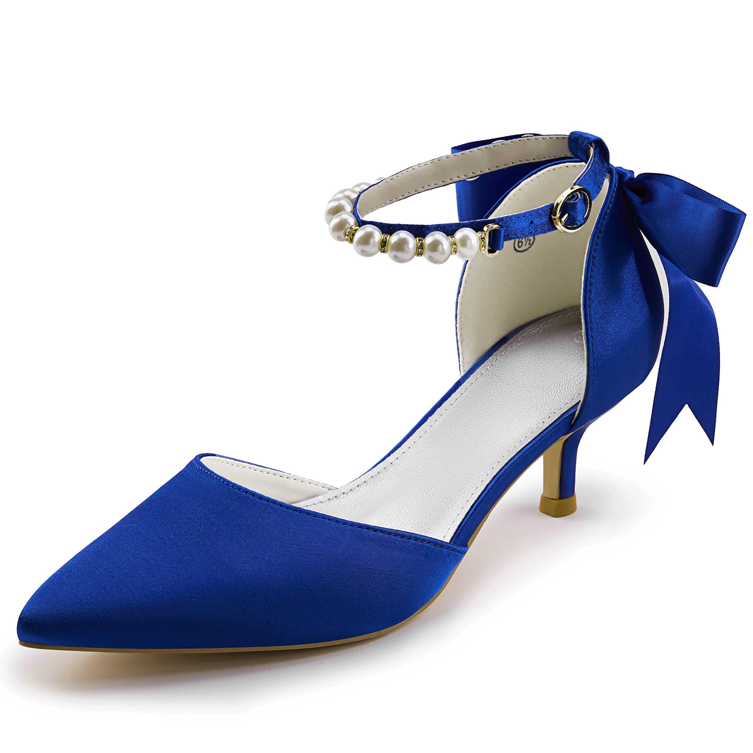 Coutgo Womens Pearl Ankle Strap Pumps Low Kitten Heel D'Orsay Satin Back Tieknot Heels Pointed Toe Wedding Party Dress Shoes