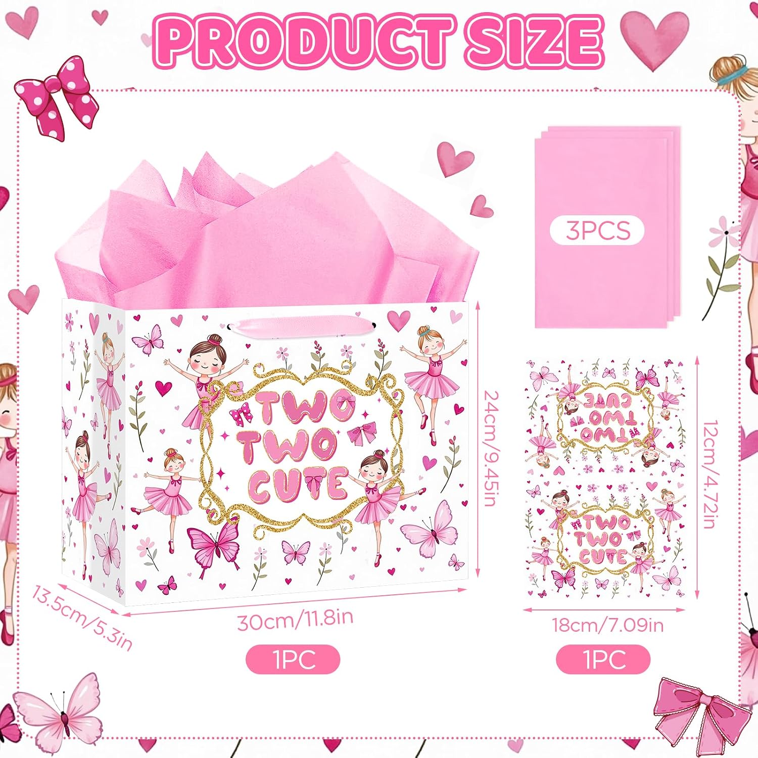 Neptniopllab Two Ballerina Birthday Gift Bags,Pink 2nd Ballet Wrapping Paper Bag Two Years Old Party Decoration with Tissue Paper and Card for 2nd Baby Girl Birthday Baby Shower Party Supplies image 2