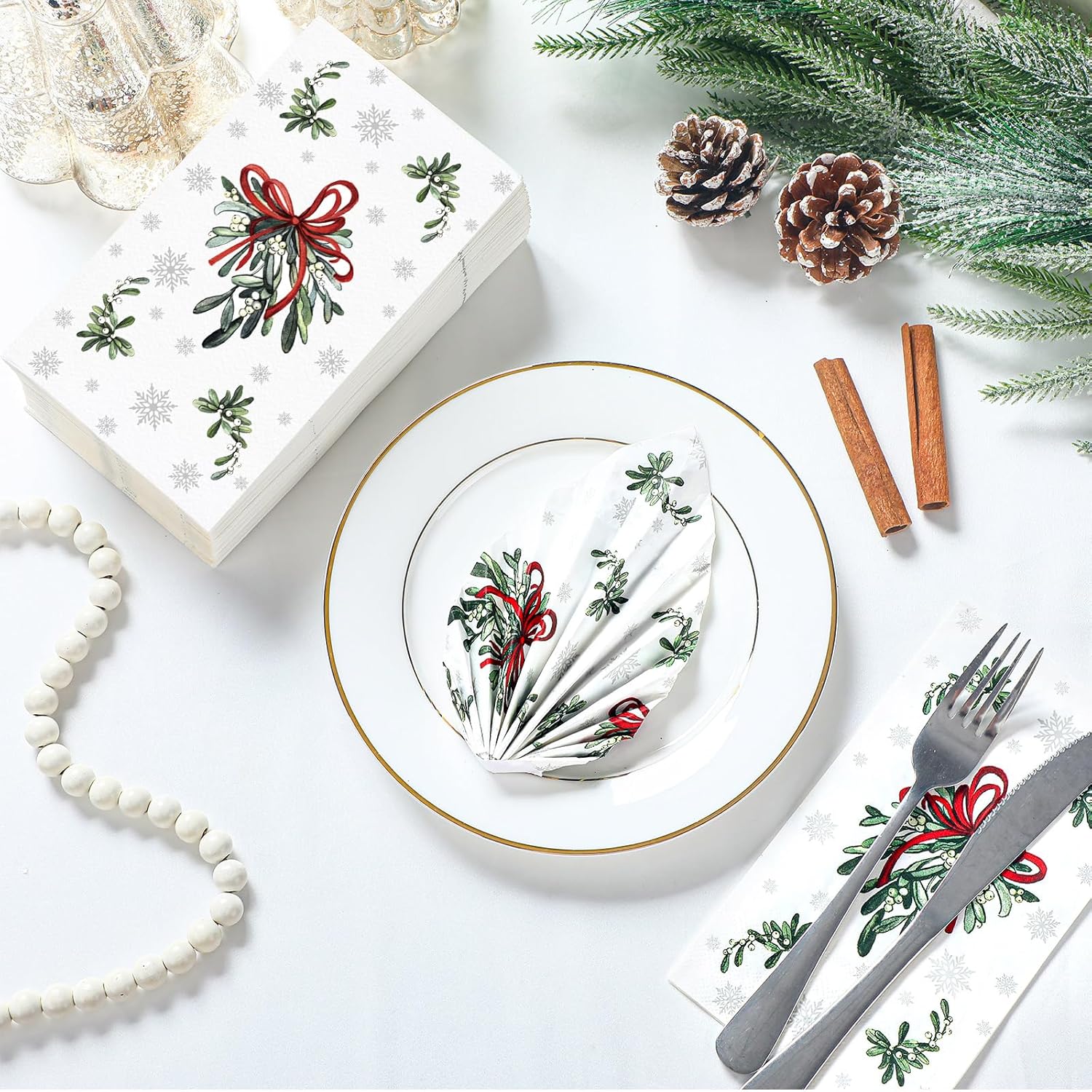 Janlaugh 100 Pcs Chriatmas Mistletoe 3 Ply Disposable Napkins Hand Towels for Bathroom Paper Napkins Guest Decorative Paper Hand Towels for Bathroom Christmas Wedding Dinning Decor