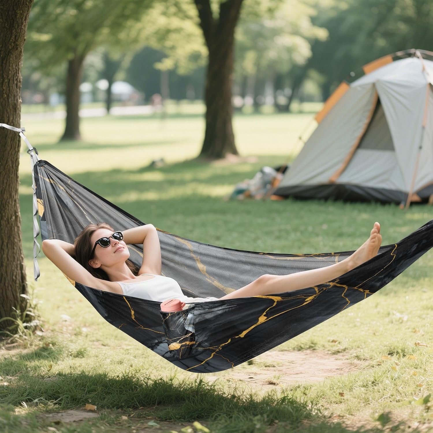 ALAZA Gold & Black Marble Camping Hammocks Single or 2 Person 500 lbs Portable Parachute Travel Hammock w/Tree Straps for Hiking Backpacking Indoor Outdoor