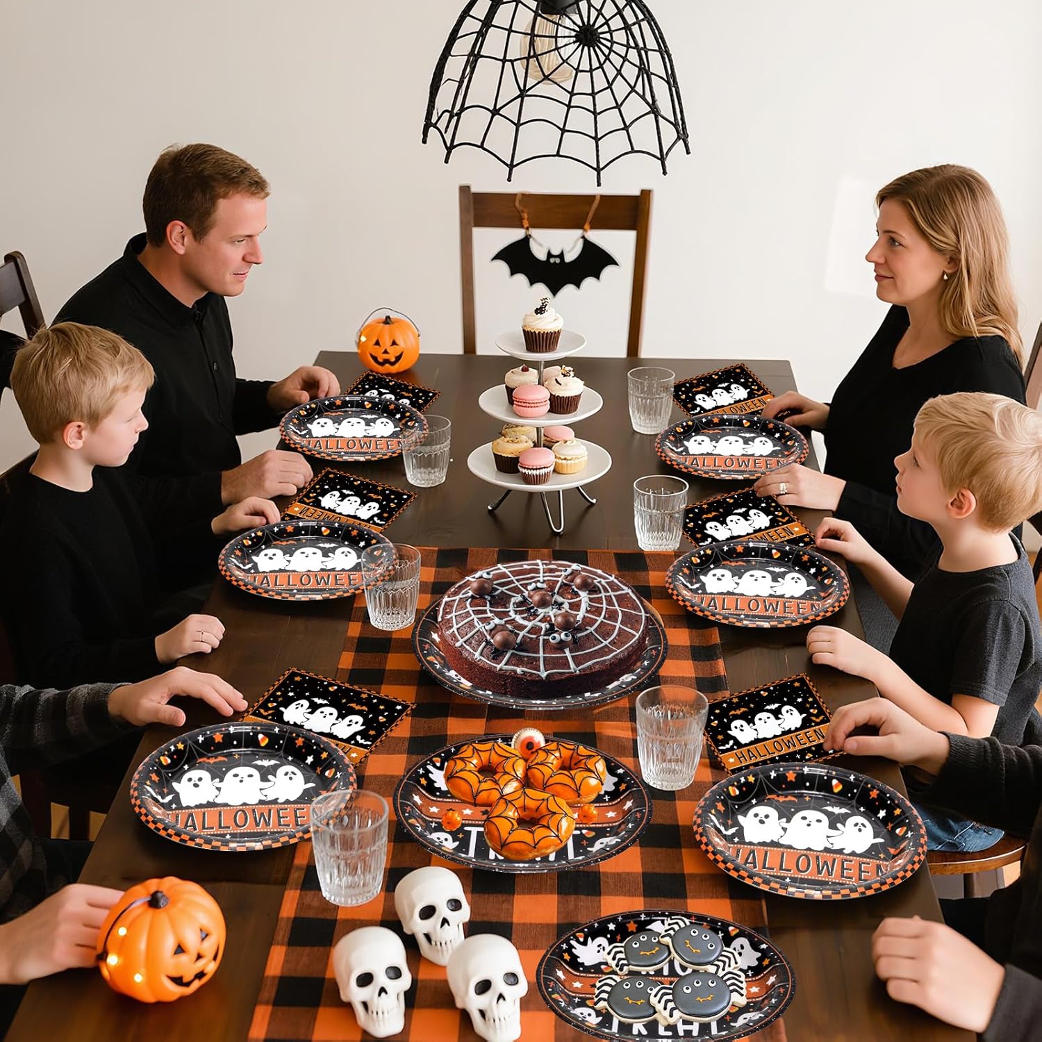 150 Pcs Happy Halloween Plates and Napkins Set - Trick or Treat Ghost Paper Tableware, Disposable Dinner Dessert Paper Plates Napkins Kit for Halloween Table Decorations Party Supplies, Serve 50