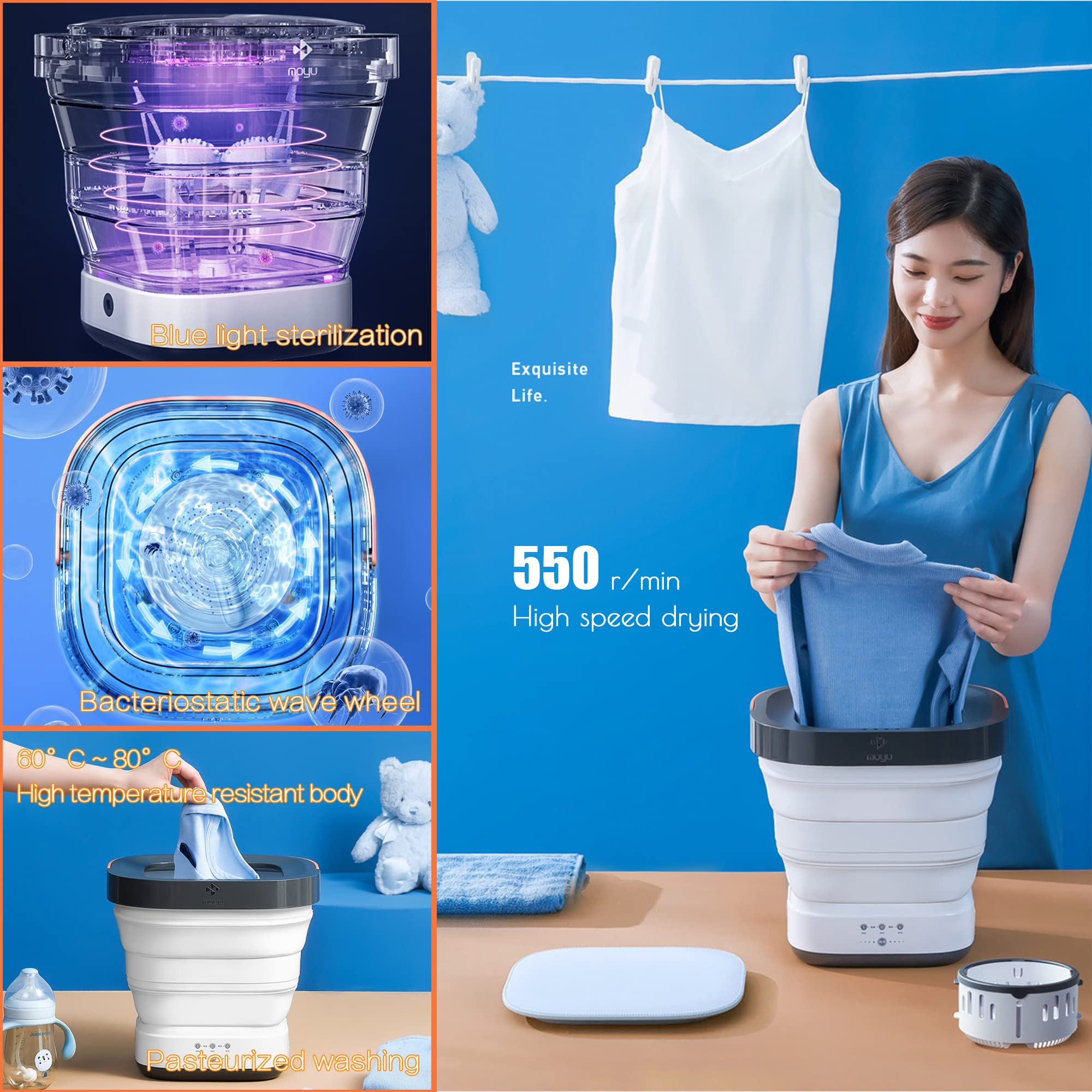 ADITAM 100V-240V 9L Składana pralka - przenośna pralka, mini przenośna pralka z wirówką (kolor: szary) Double the comfort