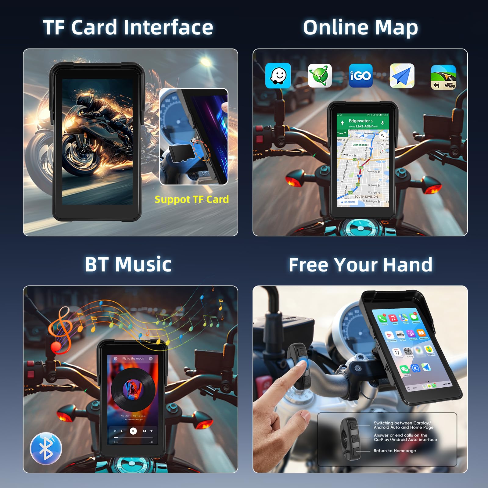 Écran Portable Carplay pour Moto, sans Fil CarPlay et Android Auto pour Moto, 5 Pouces Écran Tactile Étanche avec Bluetooth, Navigation GPS, Siri/G00gle Assistant