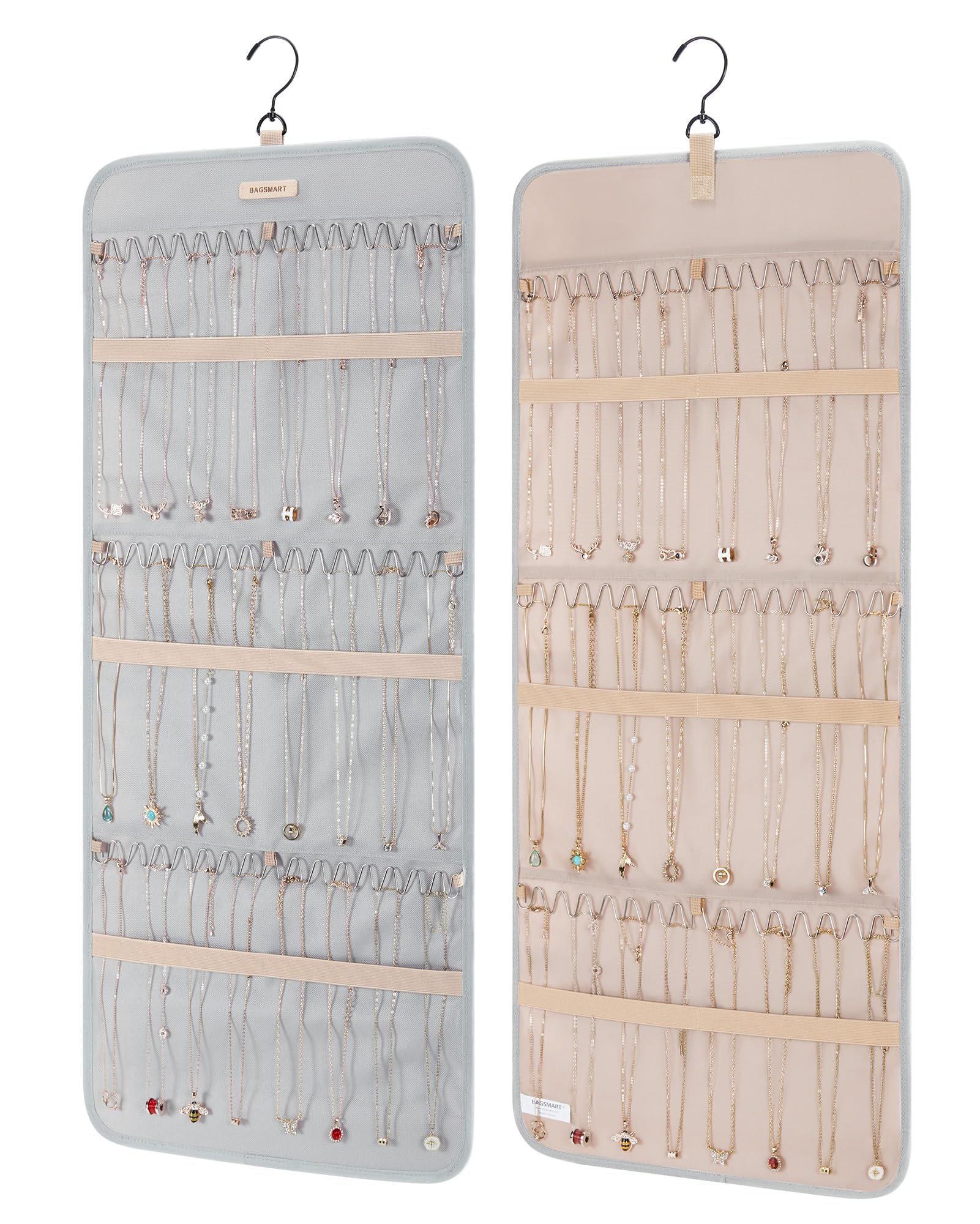 BAGSMART Hanging Necklaces Organizer Jewelry Holder Storage Roll with Hanger Metal Hooks Double-Sided Jewelry Organizer for Necklaces, Bracelets on Closet, Wall, Door, 1 piece, Large Grey