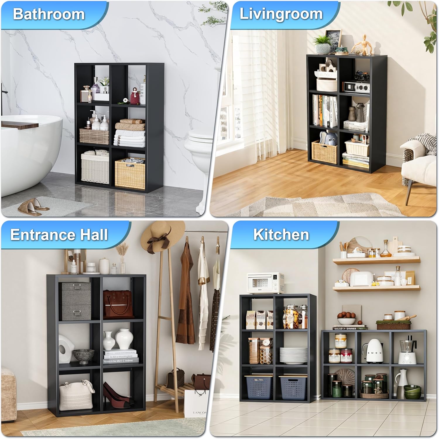 Bathroom Storage Shelves, 6-Cube Metal Storage Organizer, High-Load-Bearing Open Back Shelf Units for Small Space, Black Modern Shelving for Plants, Decors, Bath Essentials