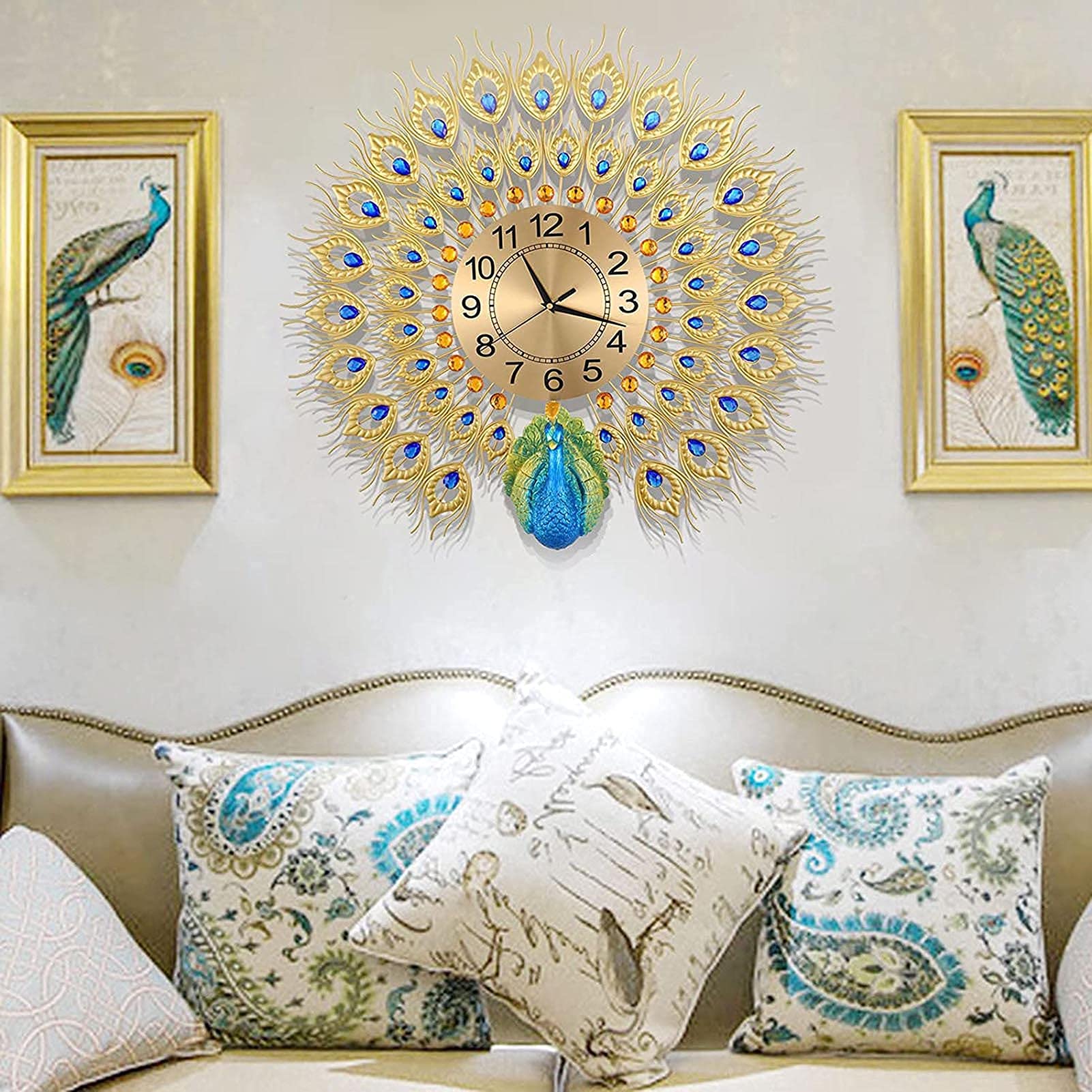 SaryEdge Large Peacock Wall Clock, 24Inch Creative Wall Clock Metal Design Non Ticking Silent Art Digital Wall Clocks for Home Kitchen Living Room Office Decor,