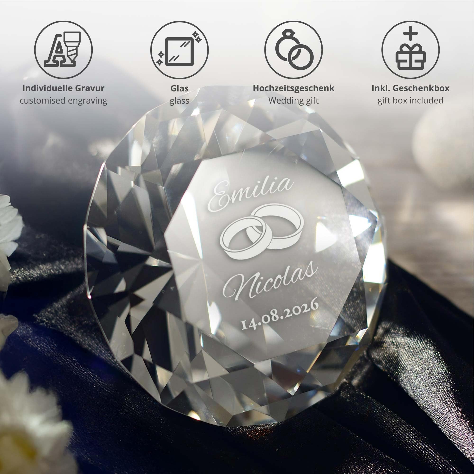 Casa Vivente Cristallo in Vetro a Forma di Diamante, Incisione Personalizzata con Nomi e Data, Motivo Fedi, Fermacarte da Scrivania, Regalo di Nozze