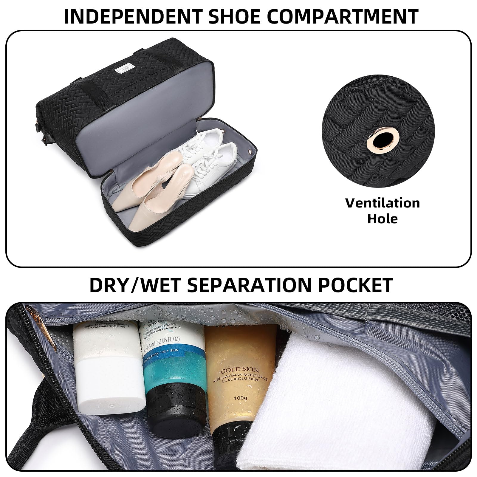 Bolsa de deporte de viaje bolsa de fin de semana con compartimento para zapatos, bolso de mano para mujer con bolsa de tocador, bolsa de gimnasio de 50 L con bolsillo húmedo, bolsas de hospital