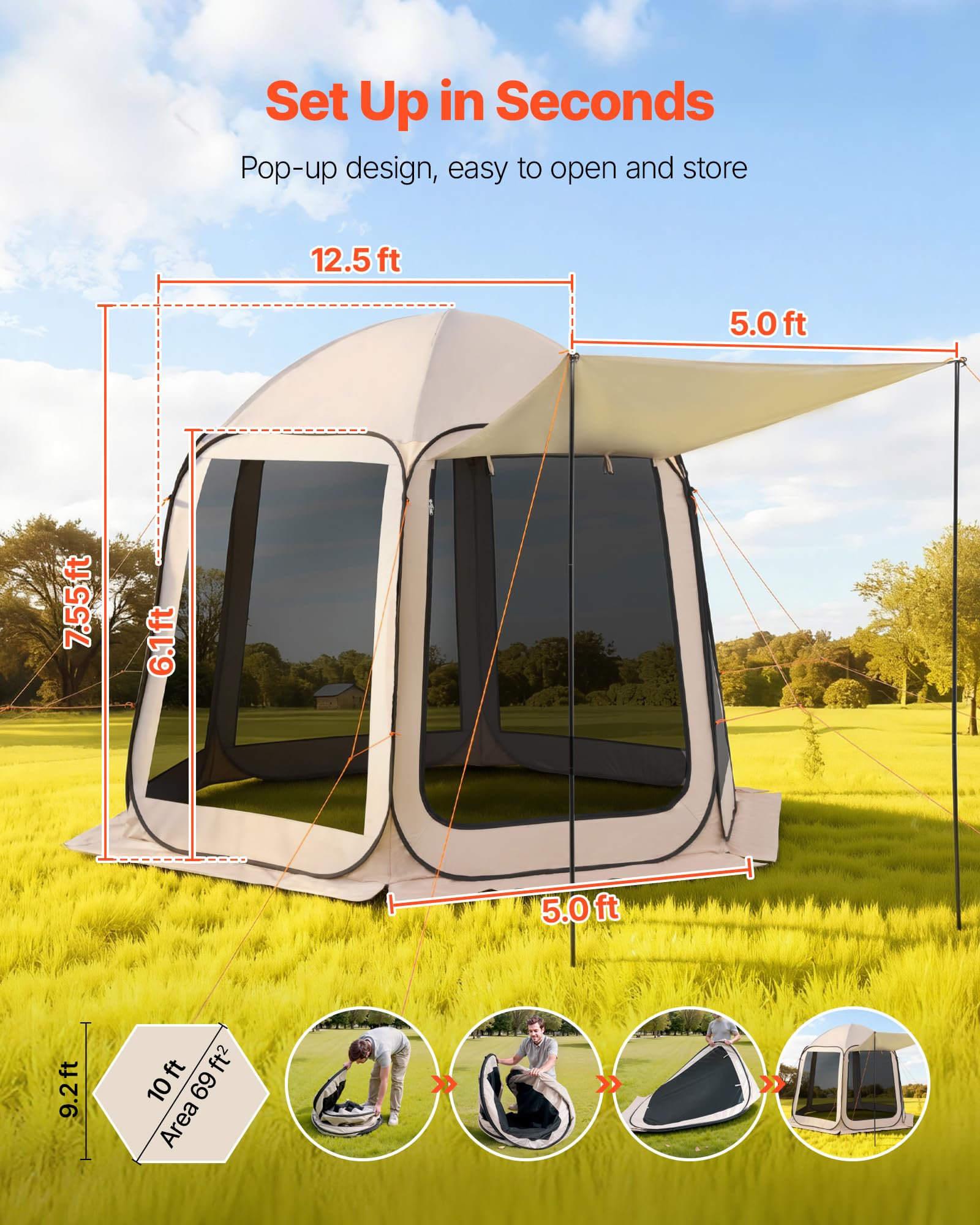 VEVOR Carpa Plegable Portátil con Mosquitera, 3030 x 2650 x 2300 mm, para 4-8 Personas, Polígono de 6 Lados, con Toldo Extensible, Bolsa de Transporte, Laterales de Malla, para Patios, Beige