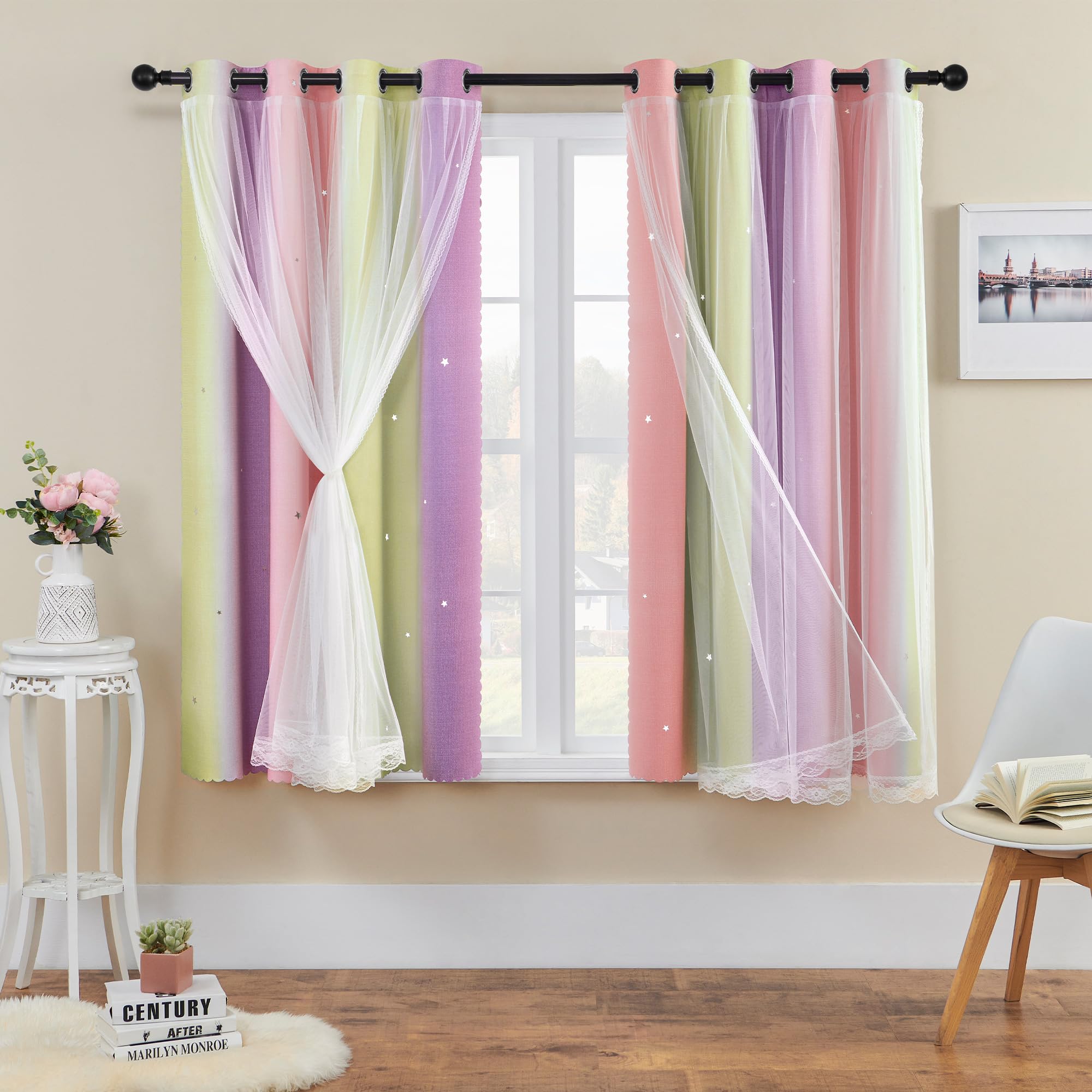 XiDi Curtains for Bedroom Decor, Rainbow Pink PurpleYellow52/54/1