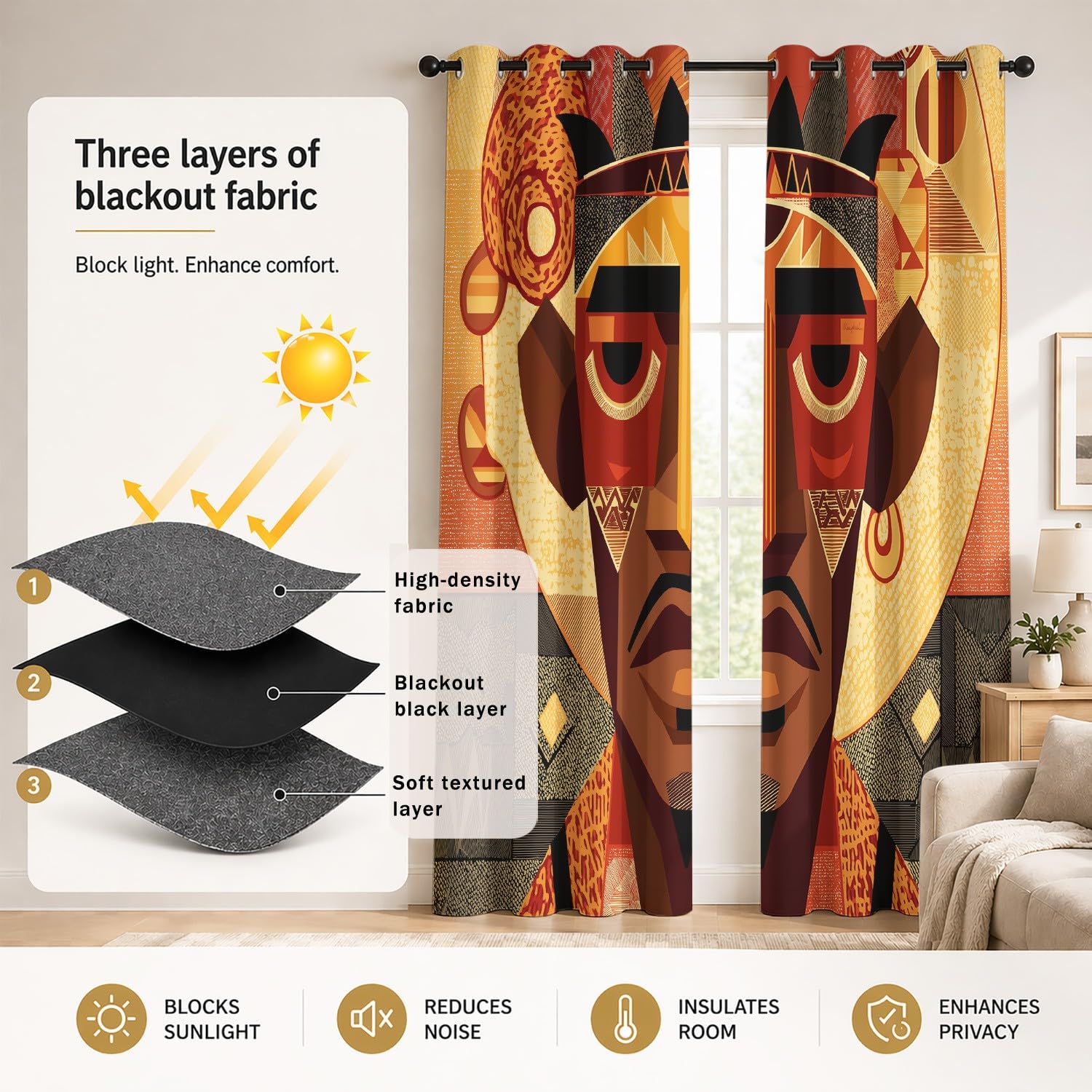 Generico Tende Oscuranti per Amante Dell’Arte, Tribale Personaggi Simboli, Marrone, Stile Africano, Tenda Microfibra con Anelli per Interni Camera da Letto Soggiorno L 140 x A 260 cm, 2 Pezzi