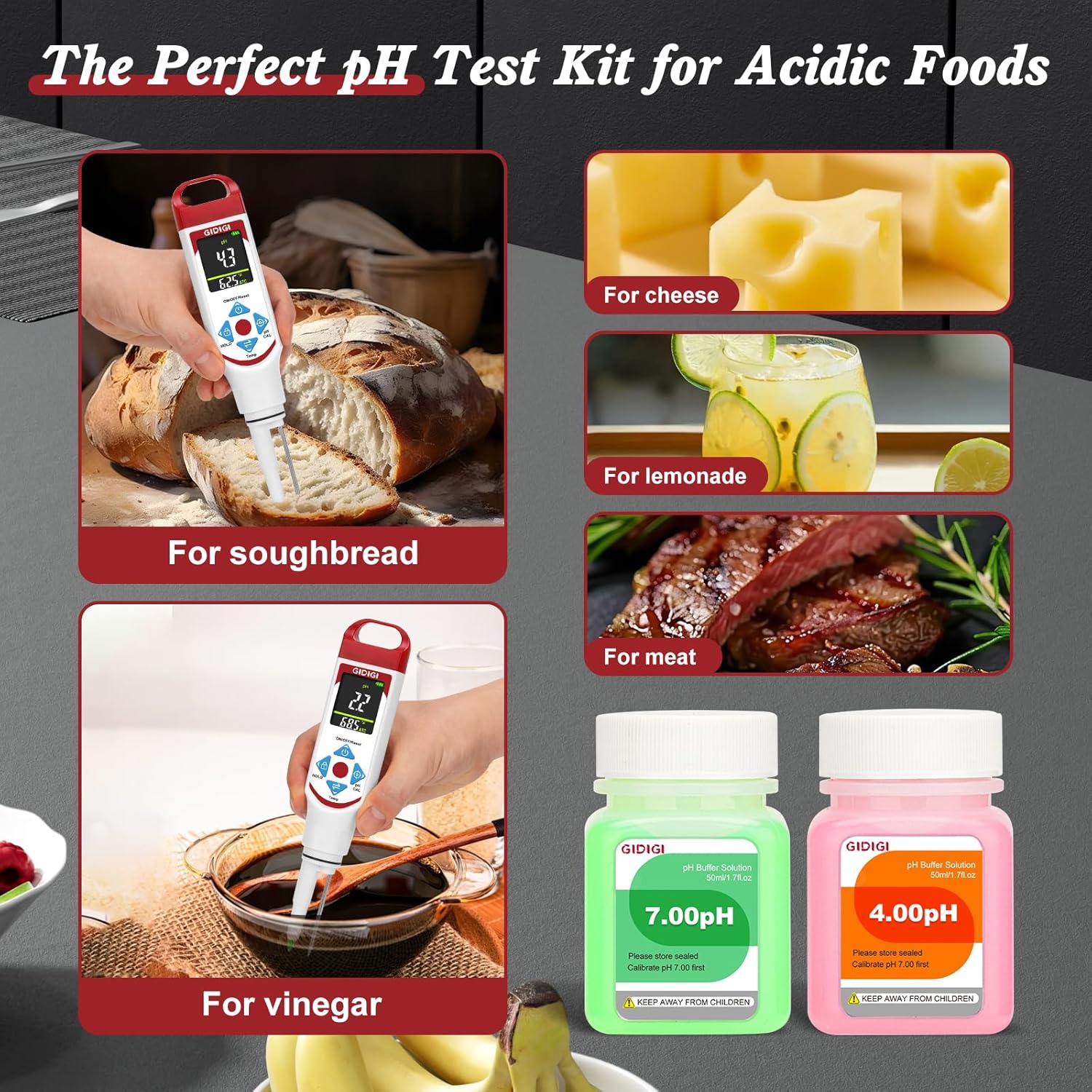 Digital pH Meter Food Pocket pH Pen for Fermentation with pH Calibration Kits Color Display Spear Tip pH Food Tester Probe with ATC for Cosmetics Sourdough Professional pH Test Strips for Food Acidity