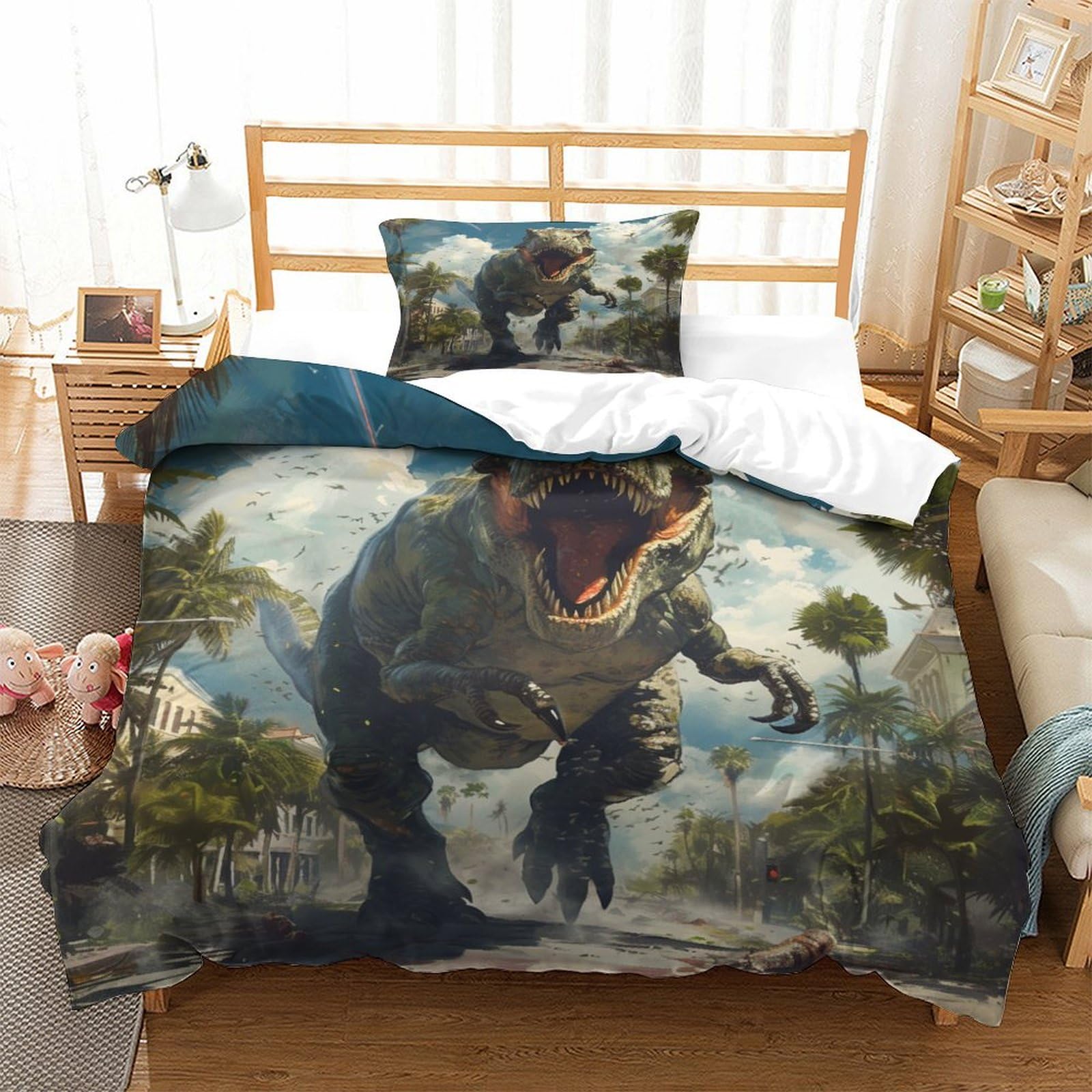 GNMRTFEAE Dinosaur Duvet Cover Comforter Cover for Teens And Adults Quilt Cover with Pillow Cases with Zipper Closure Bedding Set Soft Microfiber 2 Pieces Single（135x200cm）