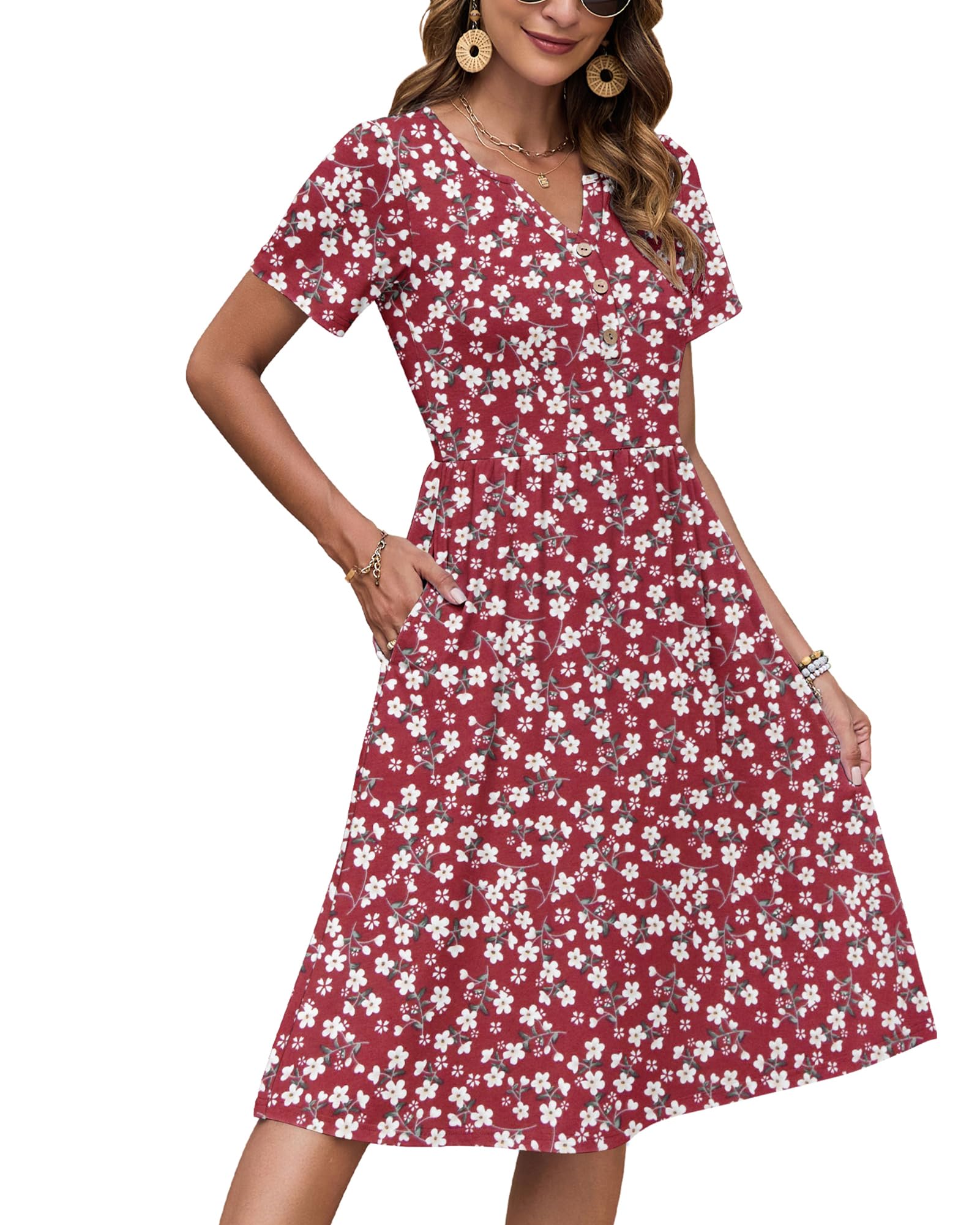 AUSELILY Vestito Estivo a Maniche Corte da Donna Abito Casual Scollo a V al Ginocchiocon Bottoni con Tasche