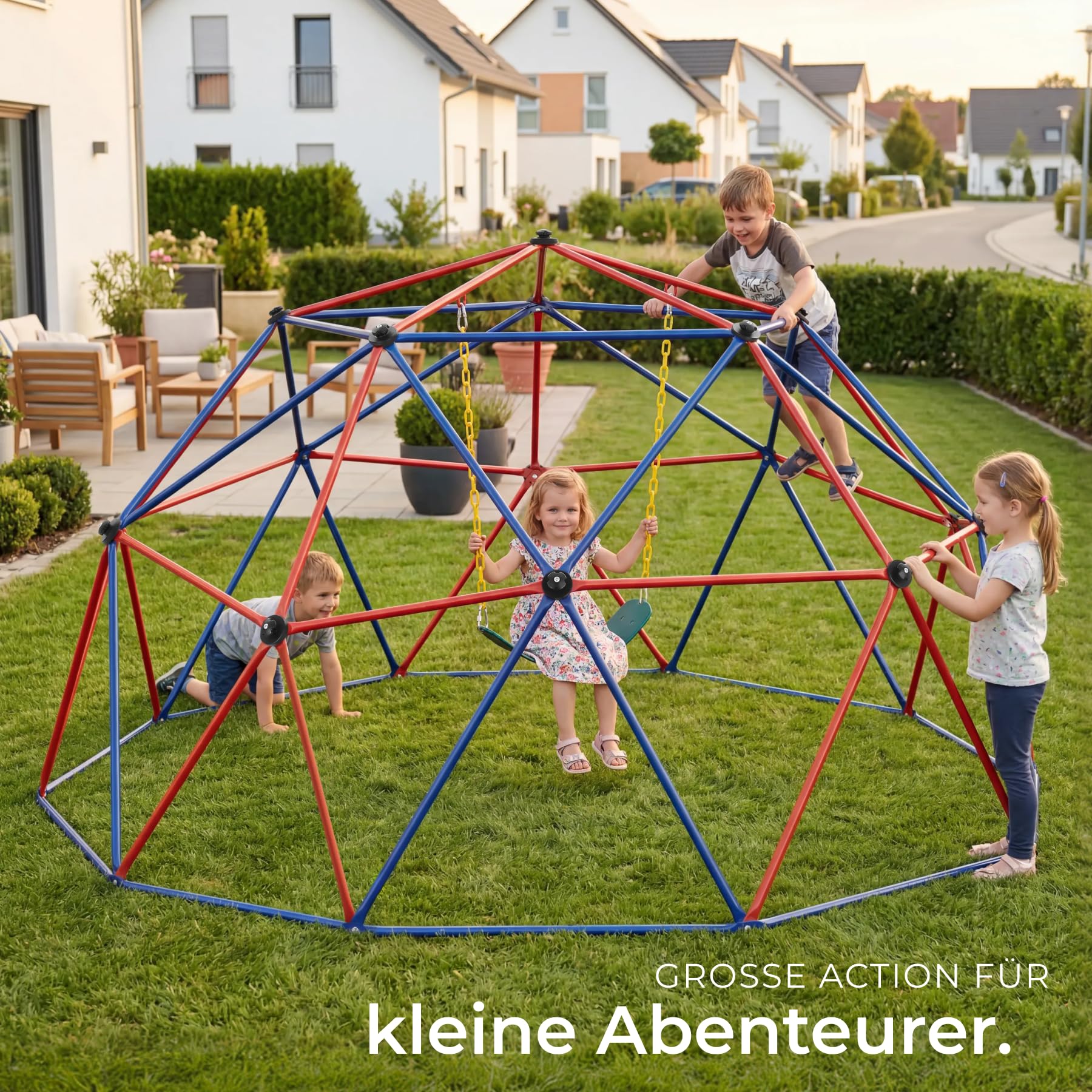 tectake® Klettergerüst mit Schaukel, Ø 305 cm, wetterfest, ab 3 Jahren, bis 200 kg belastbare Kinderspielgeräte, Spielplatz Kletteranlage, Gartenspielturm, Kinderspielplatz Geräte, bunt - mit Schaukel