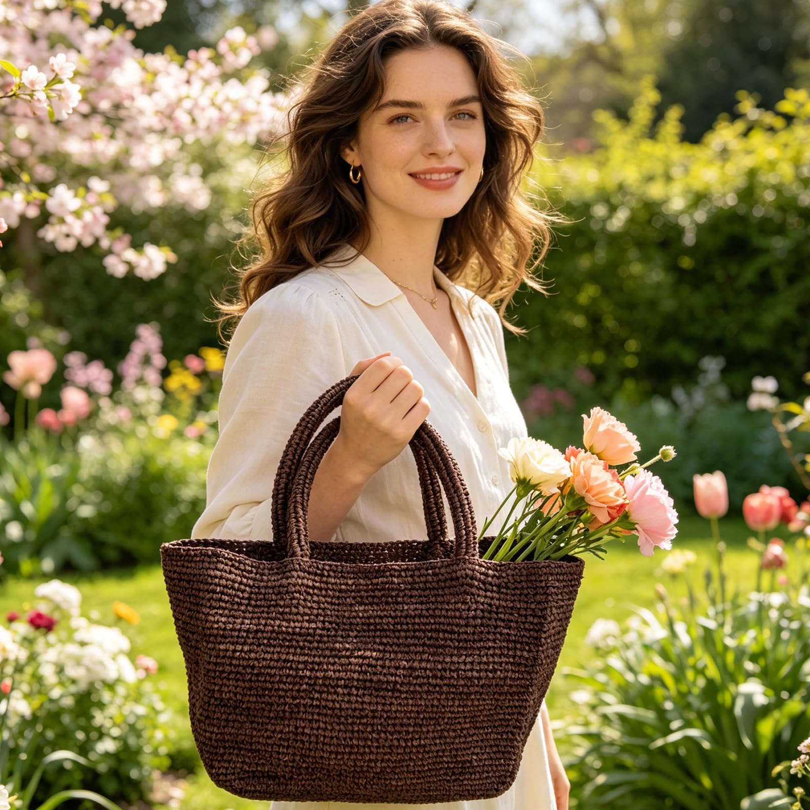 Borsa da spiaggia intrecciata da donna in rafia fatta a mano | Borsa tote in rafia all'uncinetto, versatile per lavoro, viaggi e market, con comoda presa e tatto artigianale