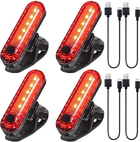 Paquete de 4 luces traseras LED recargables por USB, linterna de seguridad brillante para bicicleta, reflector esencial de noche, lámpara de