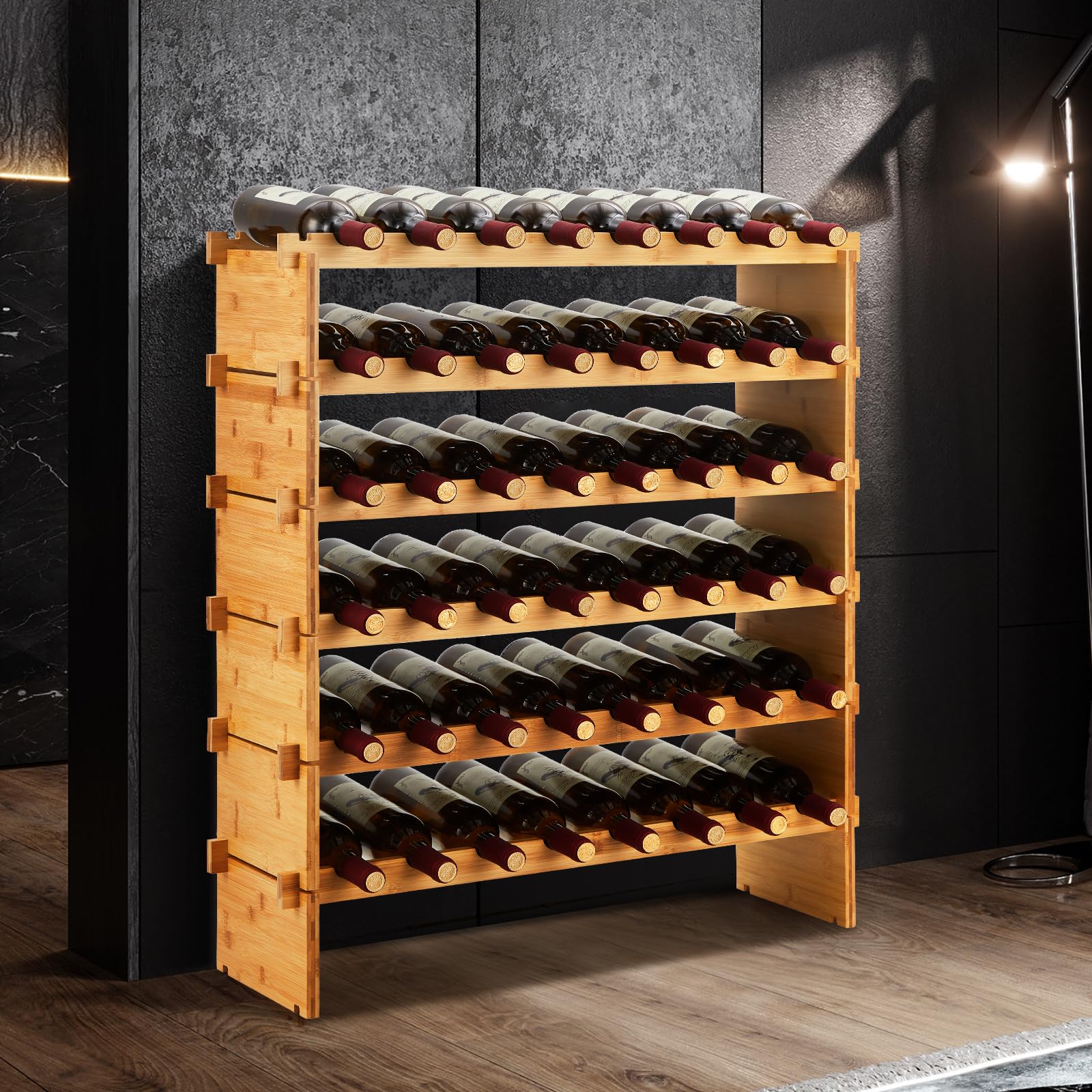 Estante modular apilable de bambú para vino – 6 niveles, capacidad 48 botellas, diseño estable para suelo o encimera, organizador de madera para bar y gabinete, 76x26x76 cm, capacidad: 48 botellas