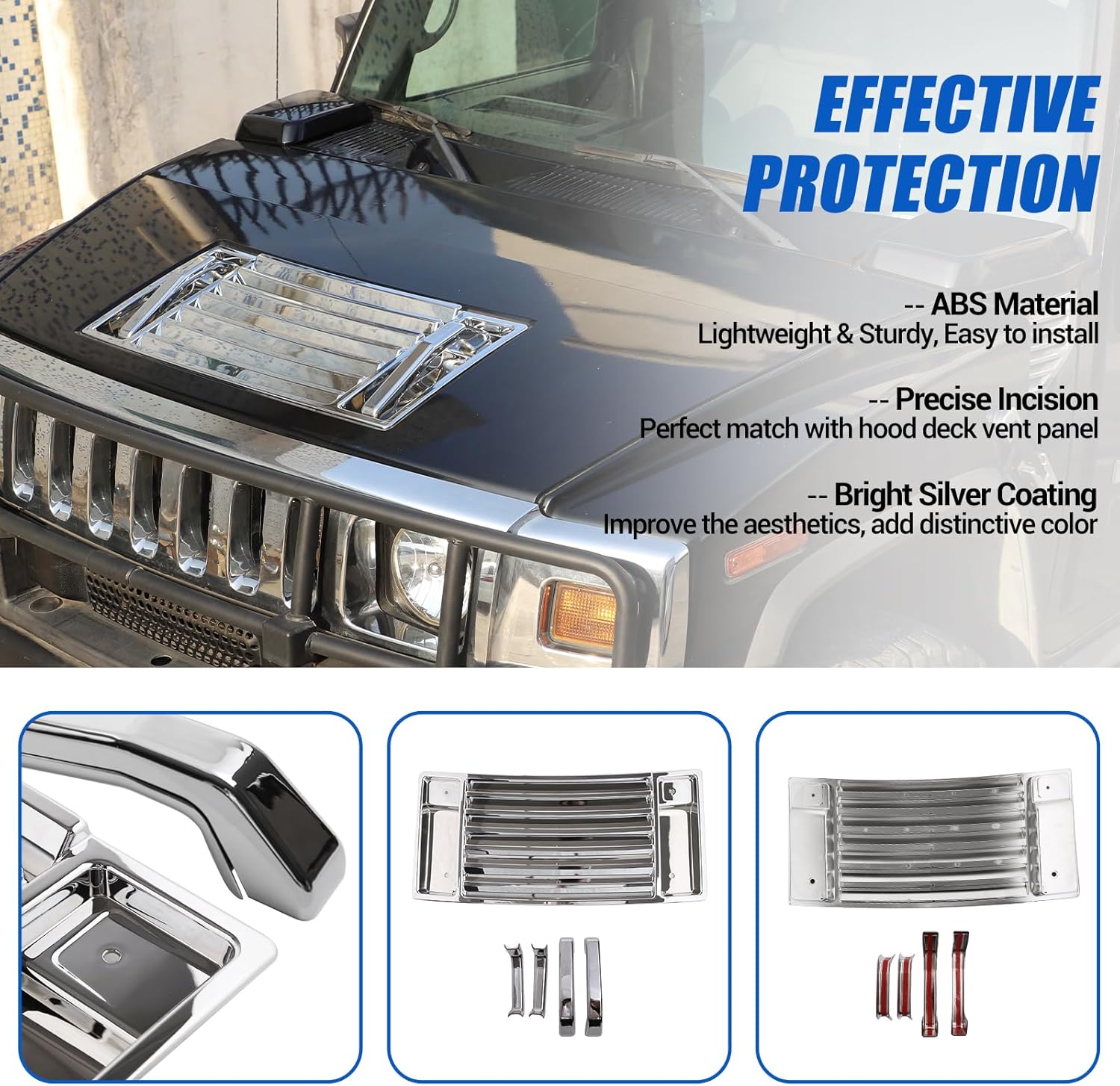Hood Deck Vent Panel Trim Compatible with Hummer H2 2003-2009, Front Hood Vent Louver Cover, ABS Hood Deck Vent Panel Covers Trim Moulding (Bright Silver)