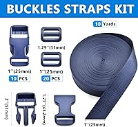 Vista 3 de Juego de correas de hebillas de 1 pulgada con correa de nailon de 10 yardas, 10 hebillas de plástico de liberación lateral rápida, 20 clips Azul