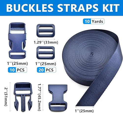 Miniatura 3 de Juego de correas de hebillas de 1 pulgada con correa de nailon de 10 yardas, 10 hebillas de plástico de liberación lateral rápida, 20 clips