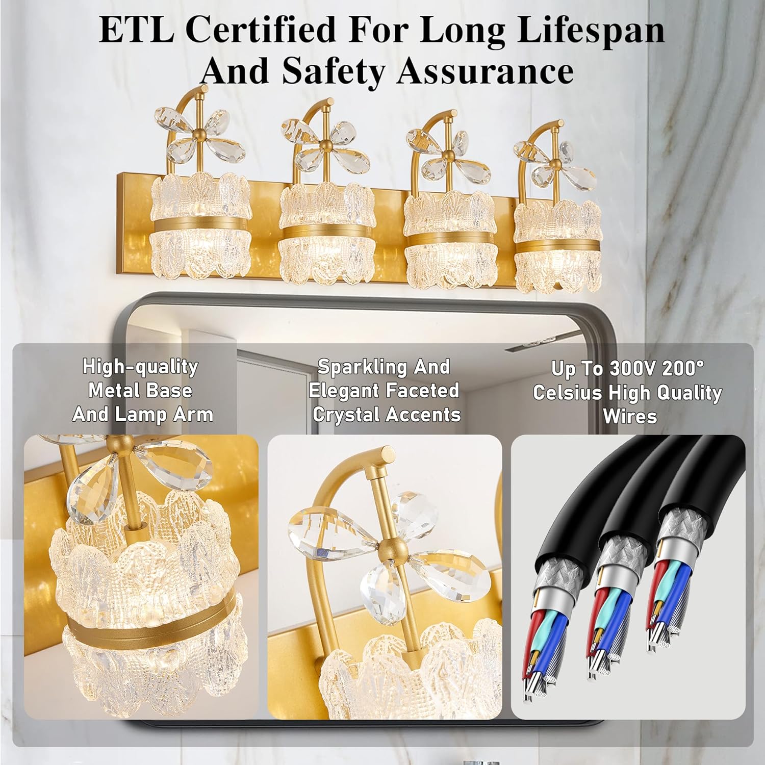 Bathroom Lights Over Mirror - Makeup Lighting Gold - Bathroom Vanity Light with Acrylic Shades for Bath, Makeup Desk, Farmhouse, Hallway, 4-Light