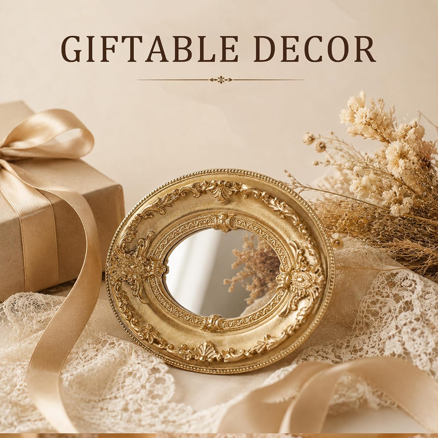 Golden Mini Vintage Mirror with Exquisite Relief Elegant Wall Decor for Bedroom Dresser Table Compact Resin Retro Design (Golden Oval, 4.7 X5.5) image 5