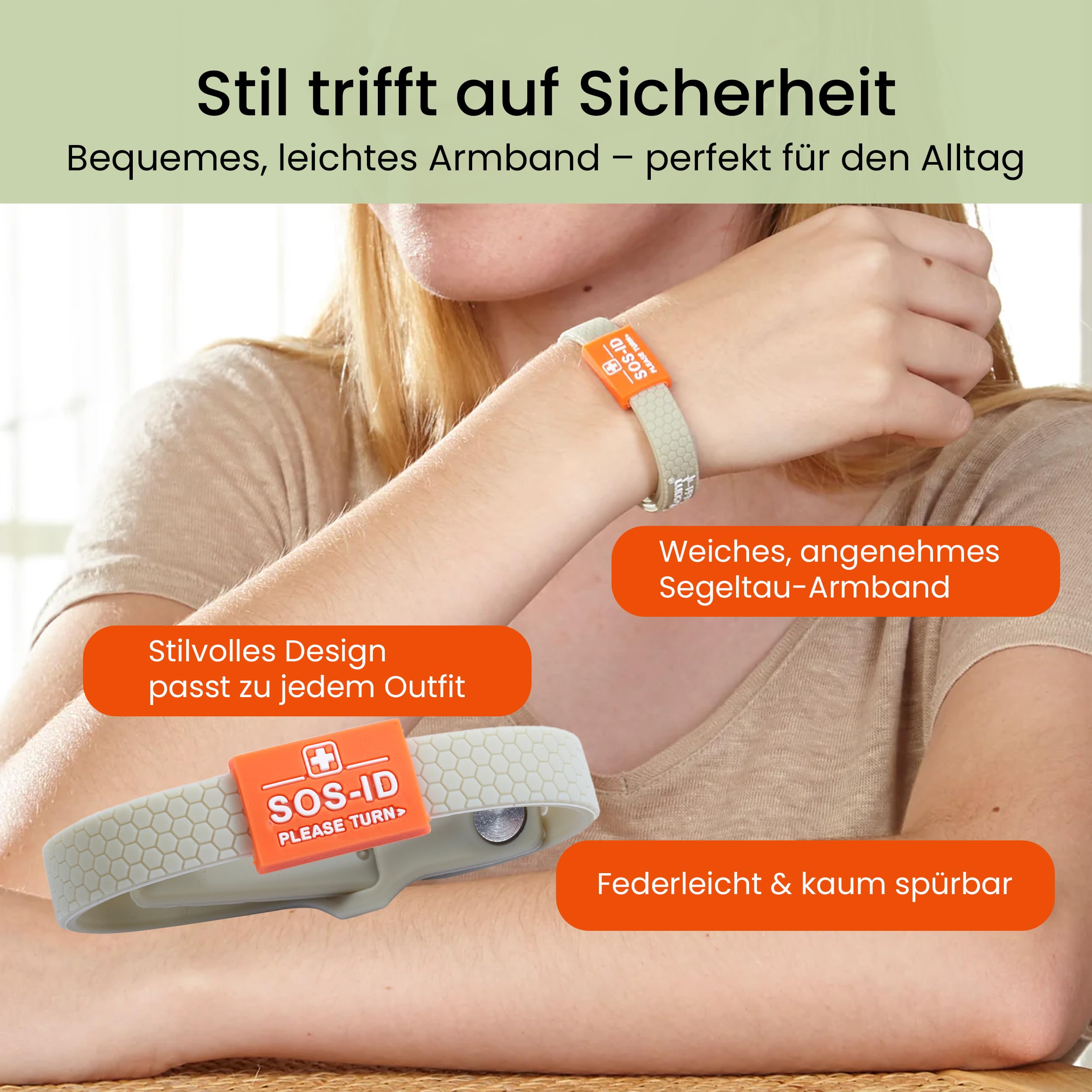 SOS-ID Sport Notfallarmband aus weichem Silikon mit QR-Code (Taupe) – langlebiges & wasserfestes SOS Armband für Notfälle – schneller Zugriff auf wichtige Gesundheitsdaten
