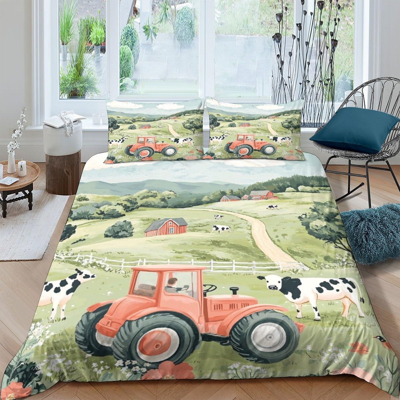 Ctjqhvkz Style-5 3D Printed Red Tractor Farm Fitted Sheet Microfiber Breathable Countryside Cow Mattress Cover Bedroom Decor Single（135X200cm）