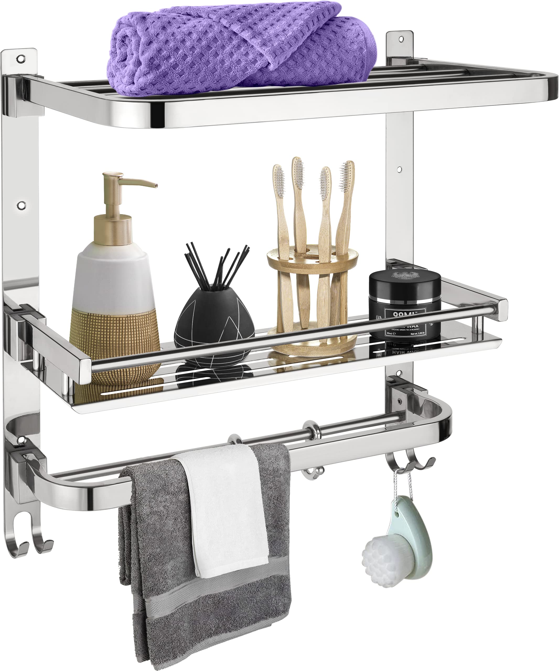 Plantex Folding Bathroom Rack/Bathroom Shelf for Wall/304 Grade Stainless Steel Shelf for Bathroom with Hooks, Towel Rod/Rack/Premium Bathroom Organizer (3-Tier, Chrome) (B098B5DQ5C) Amazon Price History, Amazon Price Tracker
