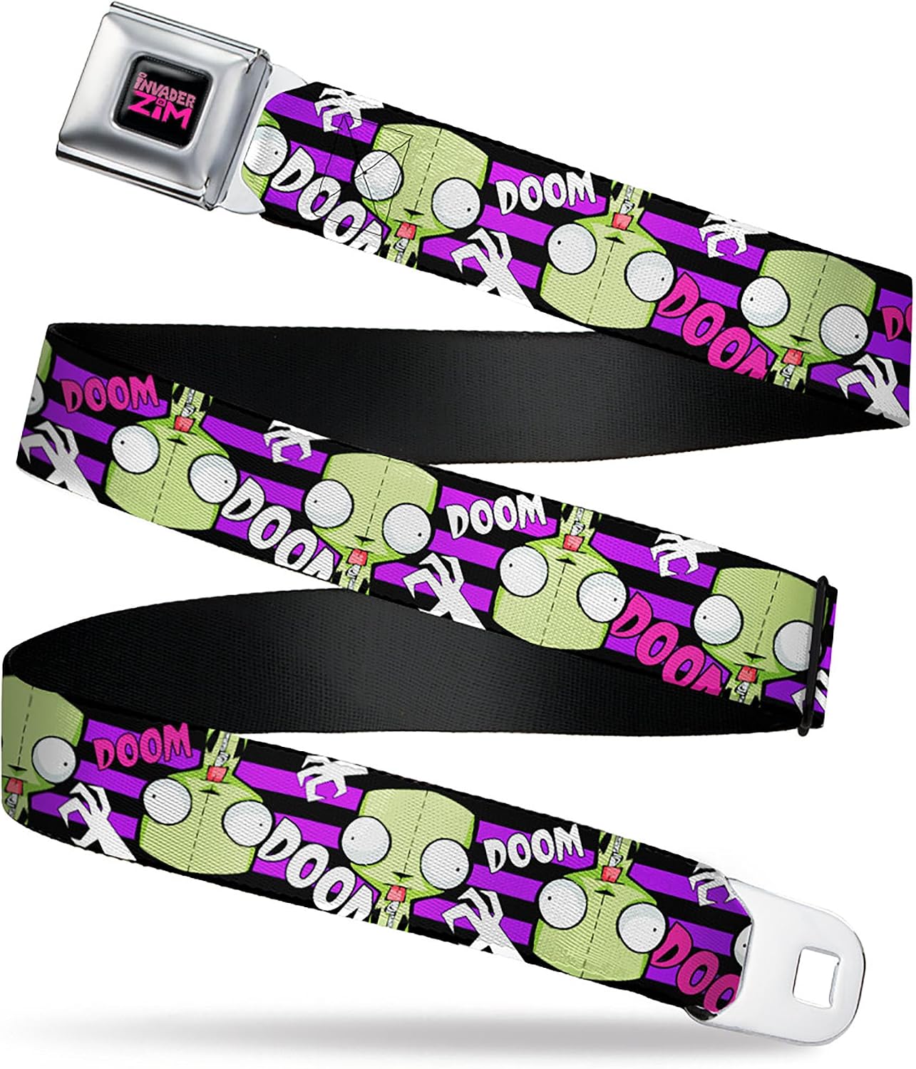 INVADER ZIM Title Logo Full Color Black/Pinks Seatbelt Belt - Invader Zim GIR DOOM Collage Stripe Black/Purple Webbing
