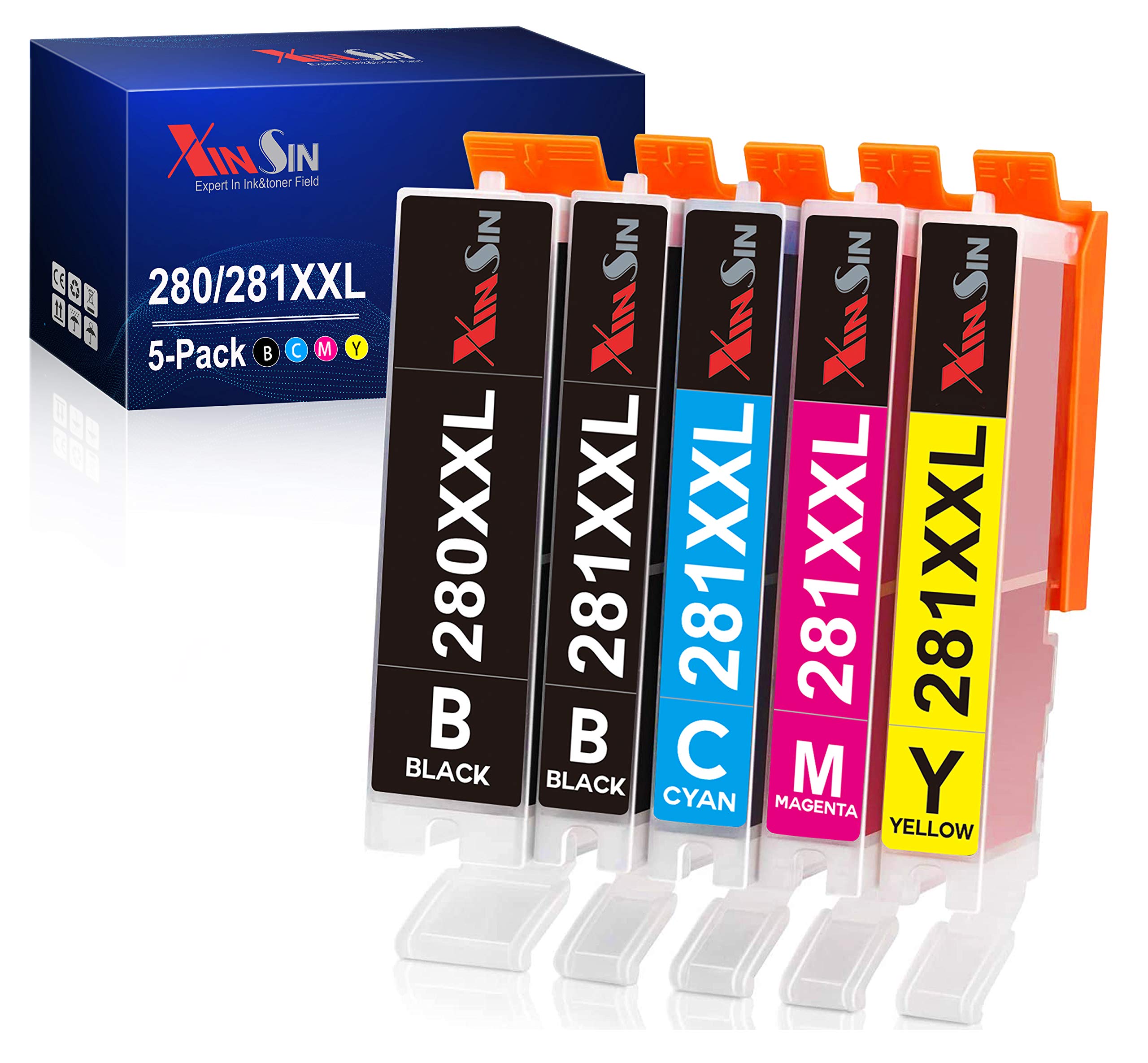 XINSIN Compatible Ink Replacement for Canon PGI-280XXL CLI-281XXL PGI 280 CLI 281 Ink Cartridge, Work for Canon Pixma TS9120 TR8520 TS8220 TS6120 TS6220 TS8120 TR7520 TS9520 TS9521C Printer, 5 Pack