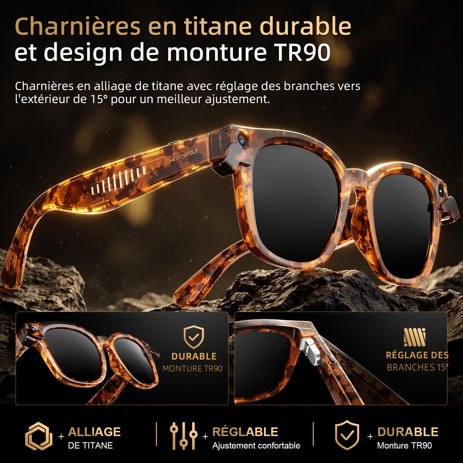 Headwolf Lunettes intelligentes caméra 8MP, Cache de confidentialité magnétique, Reconnaissance visuelle, Traduction IA, Audio Bluetooth à Oreille Ouverte pour Voyage, Travail et Usage Quotidien