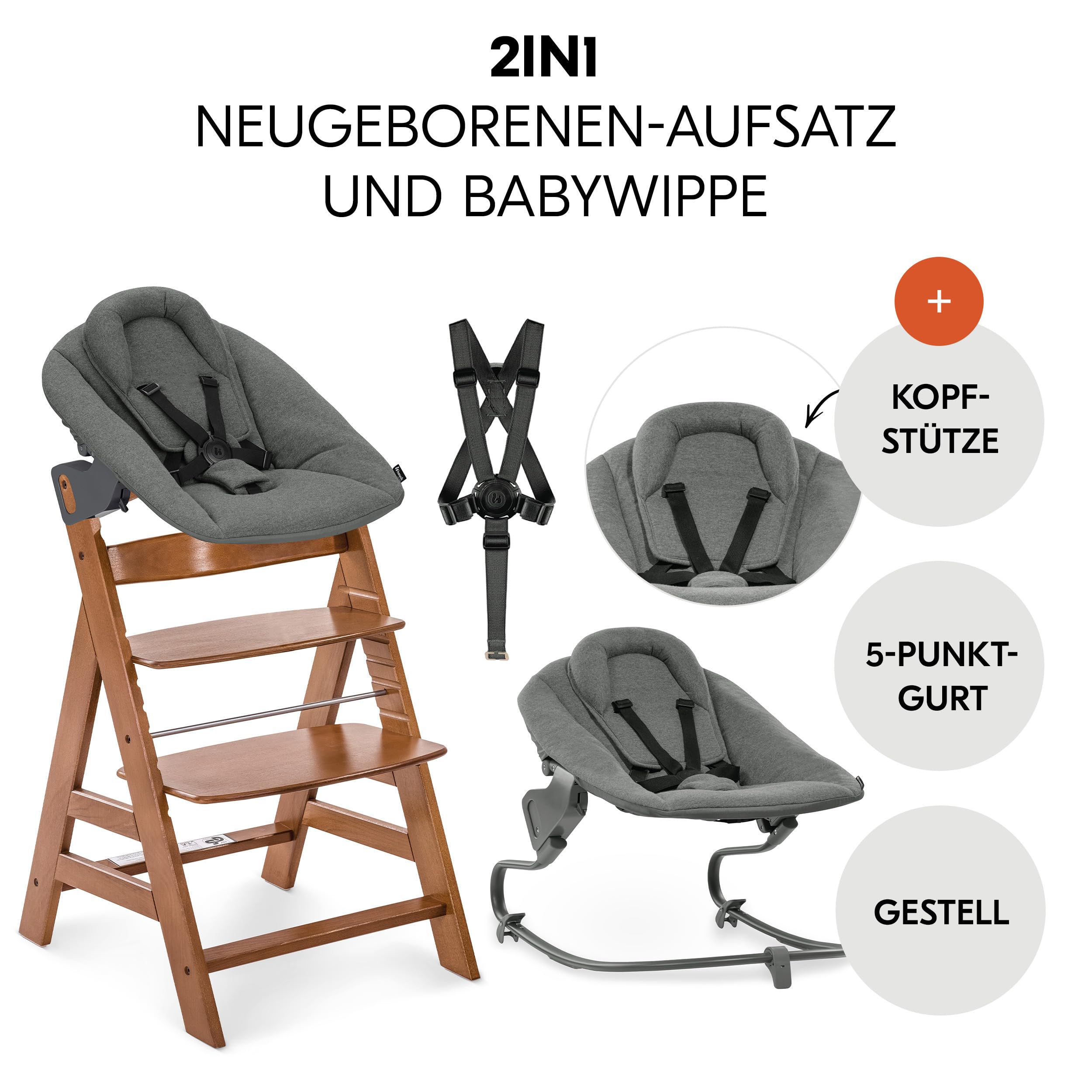 hauck Alpha+ Newborn Set mit Premium Bouncer Dark Grey - Baby Holz Hochstuhl ab Geburt mit Liegefunktion - extra flacher Aufsatz für Neugeborene & Sitzpolster - Walnuss - 5