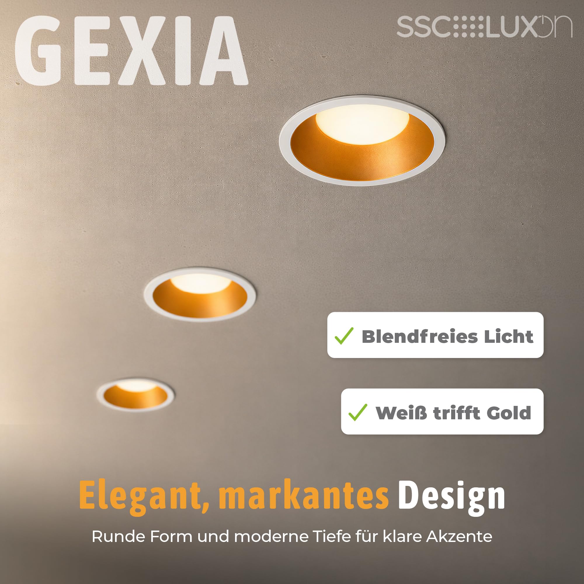 SSC-LUXon 6 Stück GEXIA Einbauspots weiß gold Ø 110mm inkl. LED Leuchtmittel 6W dimmbar 230V - Einbaustrahler mit drei Lichtfarben