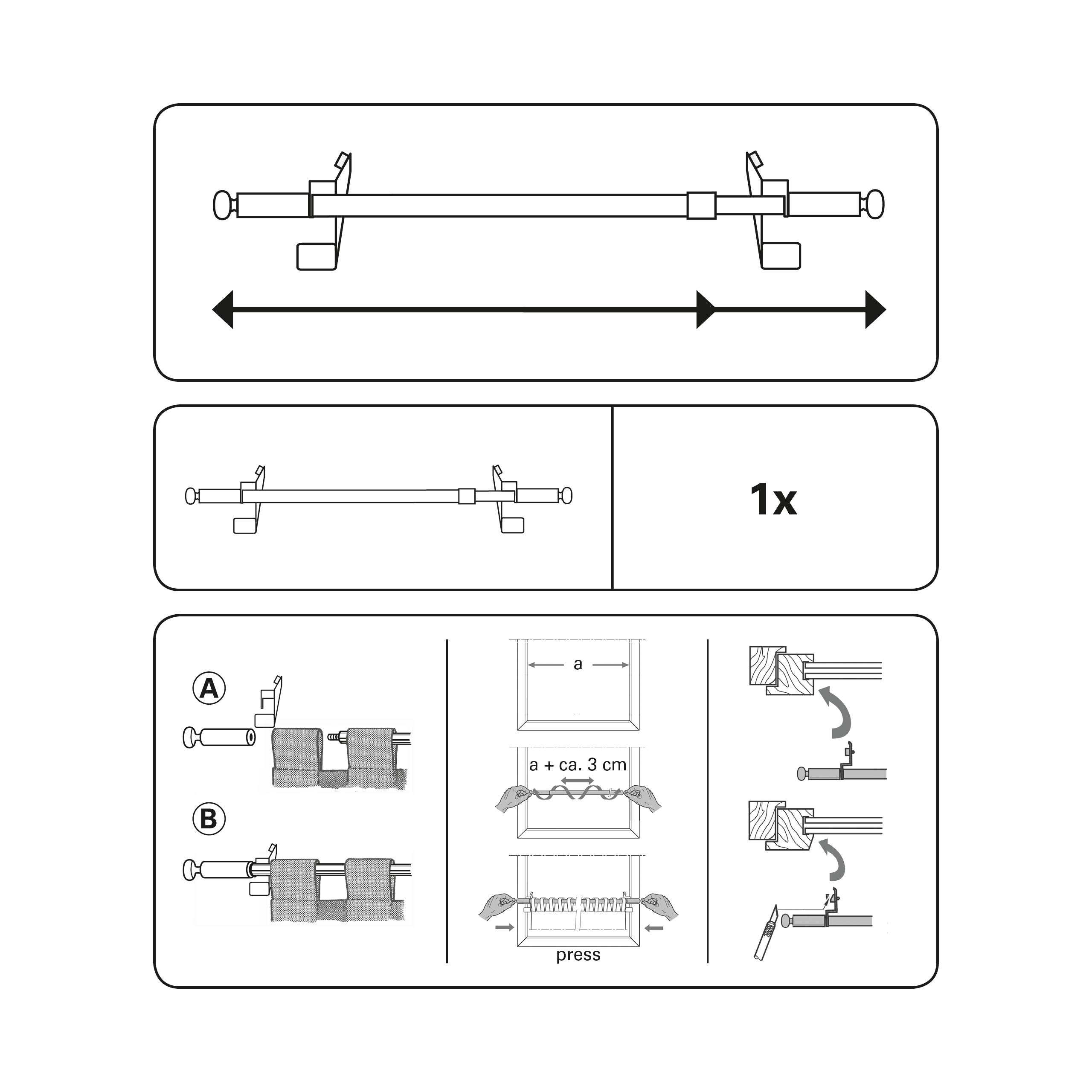 Gardinia Bastone a Pressione per Tenda, Estensibile, Montaggio Senza Viti o Trapano, Sistema Press&Go Filigrano, Diametro 8/10 mm, Lunghezza 30-50 cm, Metallo, Bianco