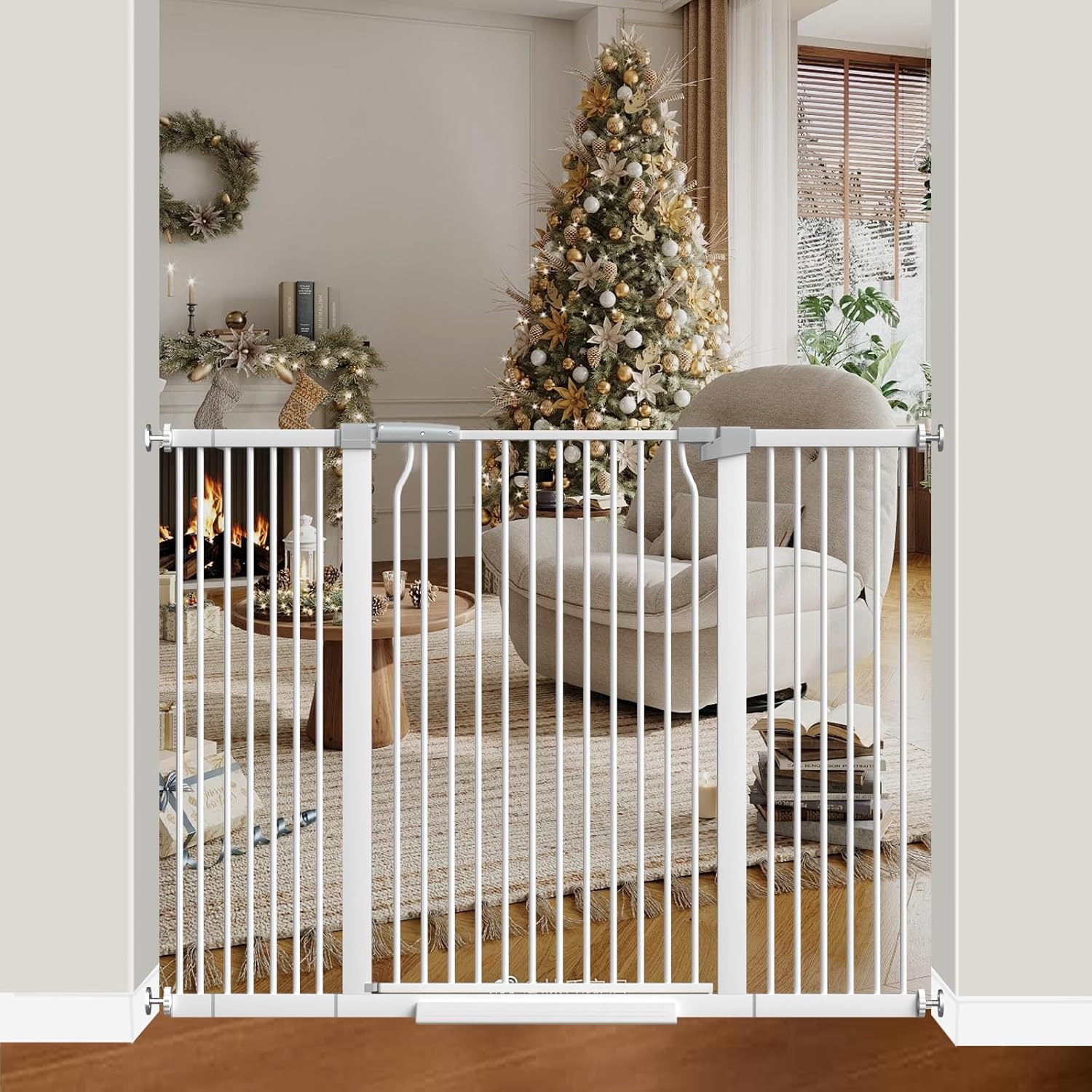 41" Extra Tall Dog Gate for Doorways and Stairs No Drill, Adjustable 40.6-54.7'' Auto Close Pet Gate Indoor, Pressure Mounted Walk Through Swing Wide Baby Gate, Tall Cat Gate with Expansion Kit, White 40.6-54.7''W