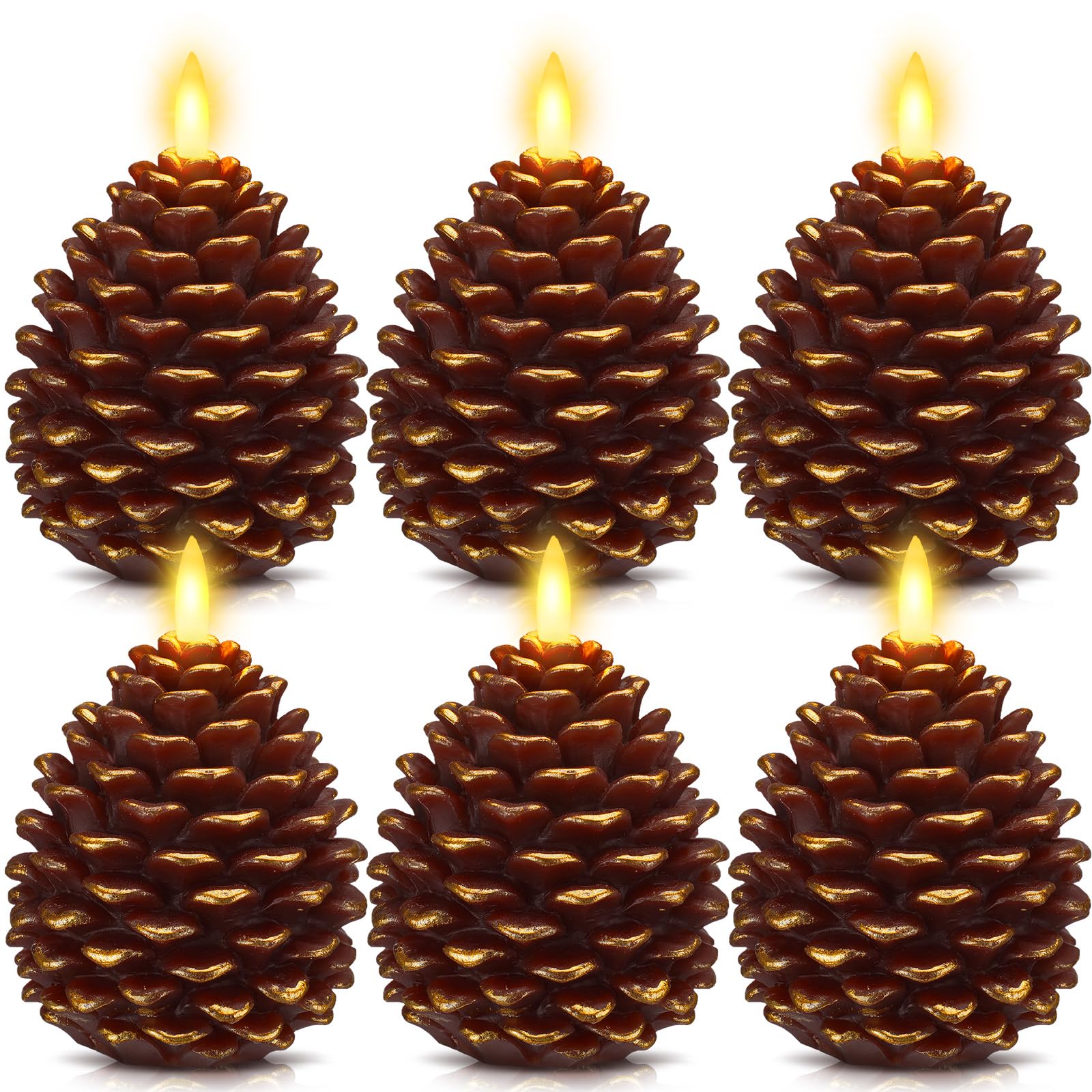 Honoson 6 candele LED senza fiamma a forma di pigna, con timer, funzionamento a batteria, stoppino tremolante, candele natalizie a forma di pigna, per decorazione di interni e festività, marroni