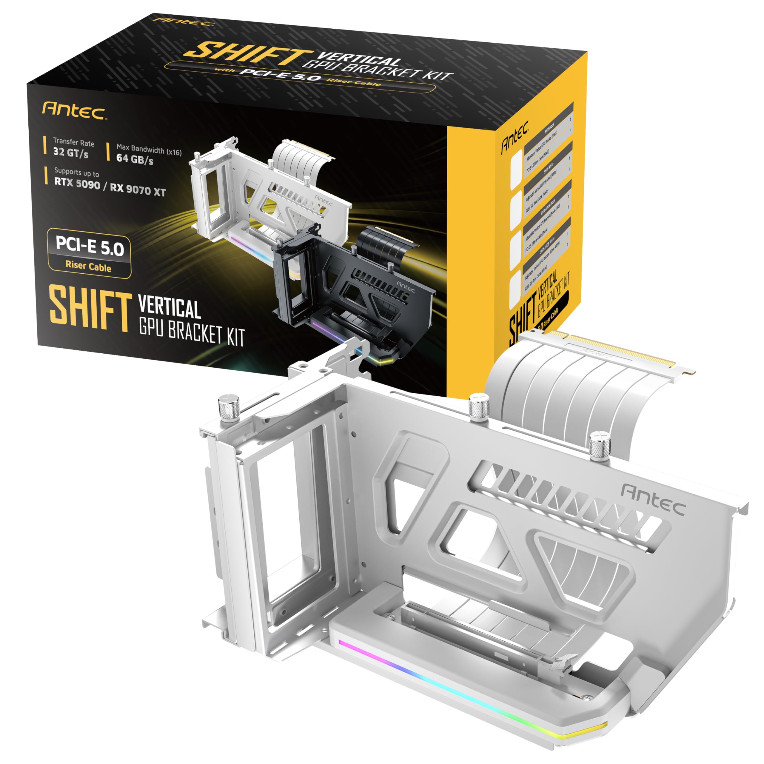 Antec PCIe 5.0 GPU Yükseltici Kablo, RGB Ayarlanabilir Dikey GPU Braketi, PCI Express, Gümüş/Beyaz