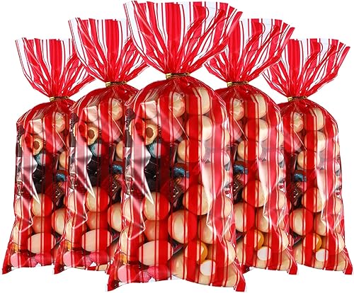 100 bolsas de plástico para fiestas de circo, carnaval, fiestas de dulces de celofán transparente con estampado de rayas rojas y blancas, bolsas de