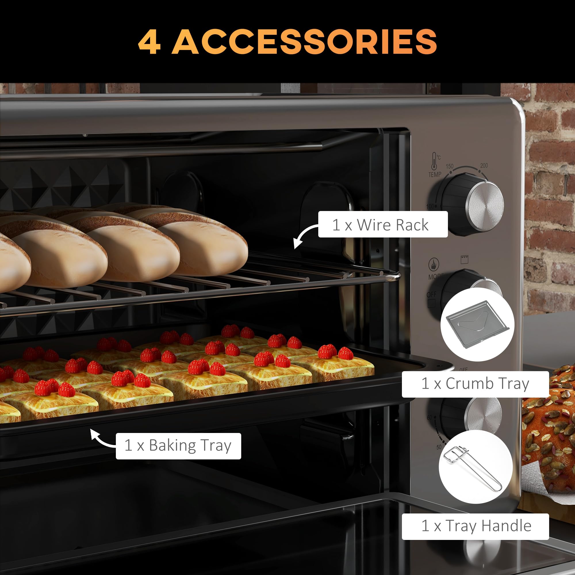 HOMCOM Four électrique 30L, Mini four électrique avec 3 fonctions de cuisson, température et minuterie réglables, avec poêle et grill, 1600W, argenté