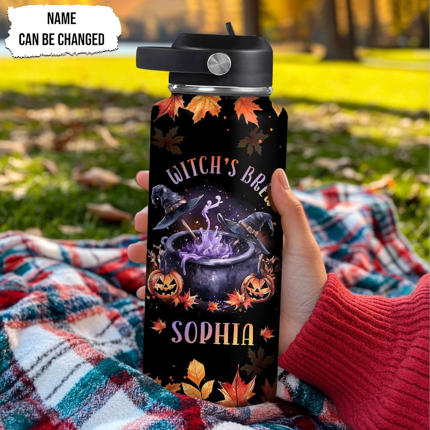 Hyturtle Personalized Halloween Witchy Water Bottle – Custom Name Witches Brew Insulated Stainless Steel Bottle with Leak-Proof Lid 18 oz 32 oz – Witch Cup Gifts for Women, Girls