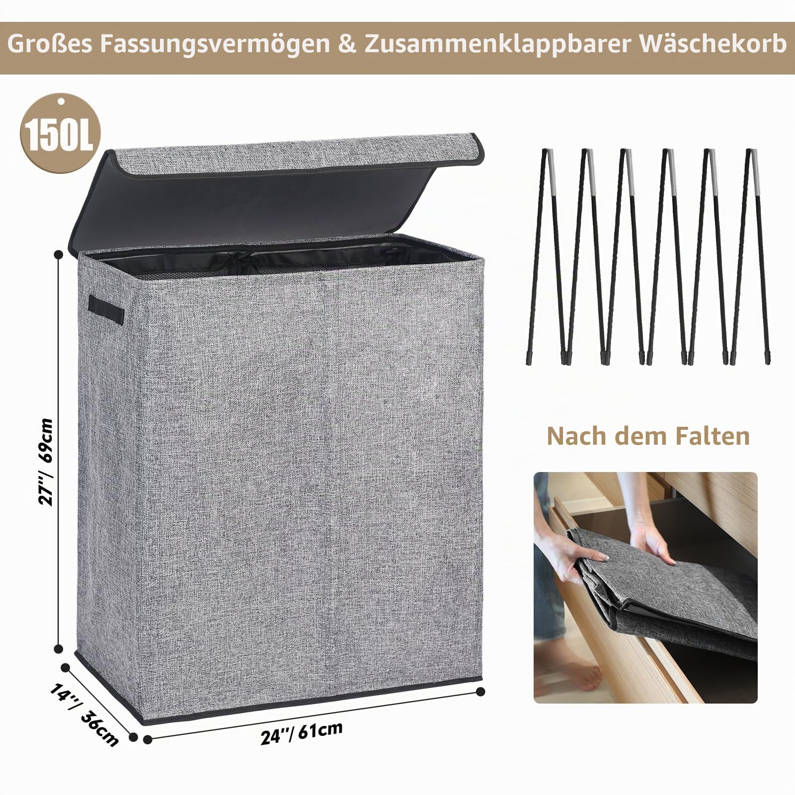 DOKEHOM 150L Faltbarer Doppel-Wäschekorb mit Deckel & 2 Netzsäcken, Grau