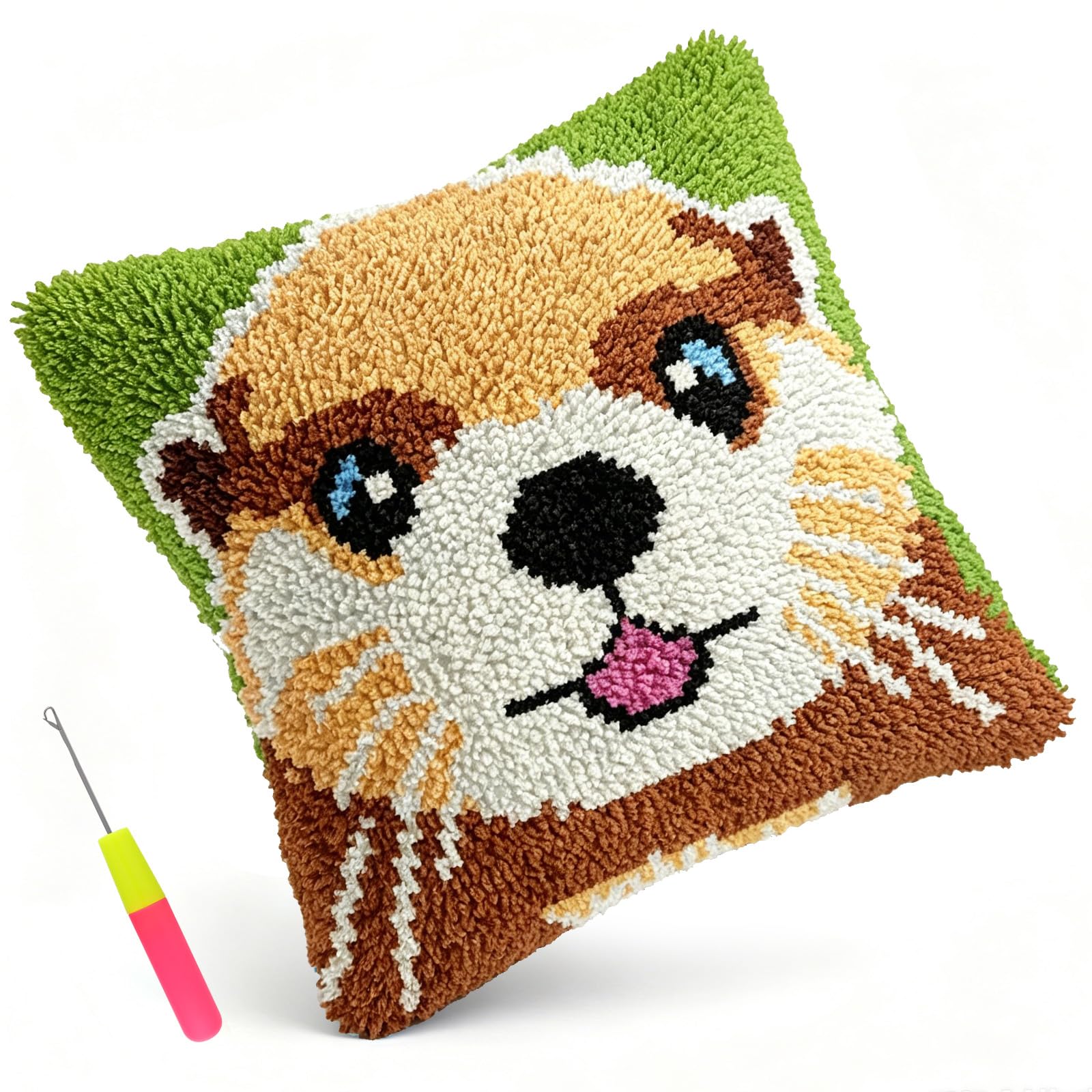 Eyoulife Latch Hook Pillow Kit 17x17in DIY Crochet Cushion Cover with Yarn Hook Handmade Craft Present for Adult Beginner(colour-1-Otter)